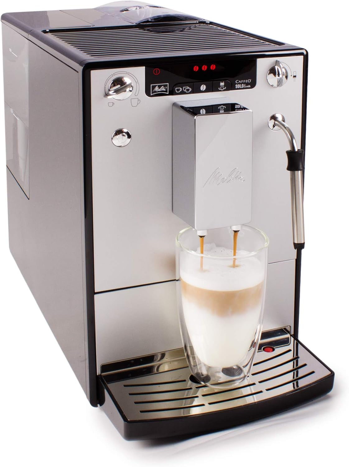 Melitta Solo & Milk - fuldautomatisk slim kaffemaskine med mælkeskummer, kaffemaskine med aftagelig vandtank, f.eks. kaffe eller cappuccino, sølv