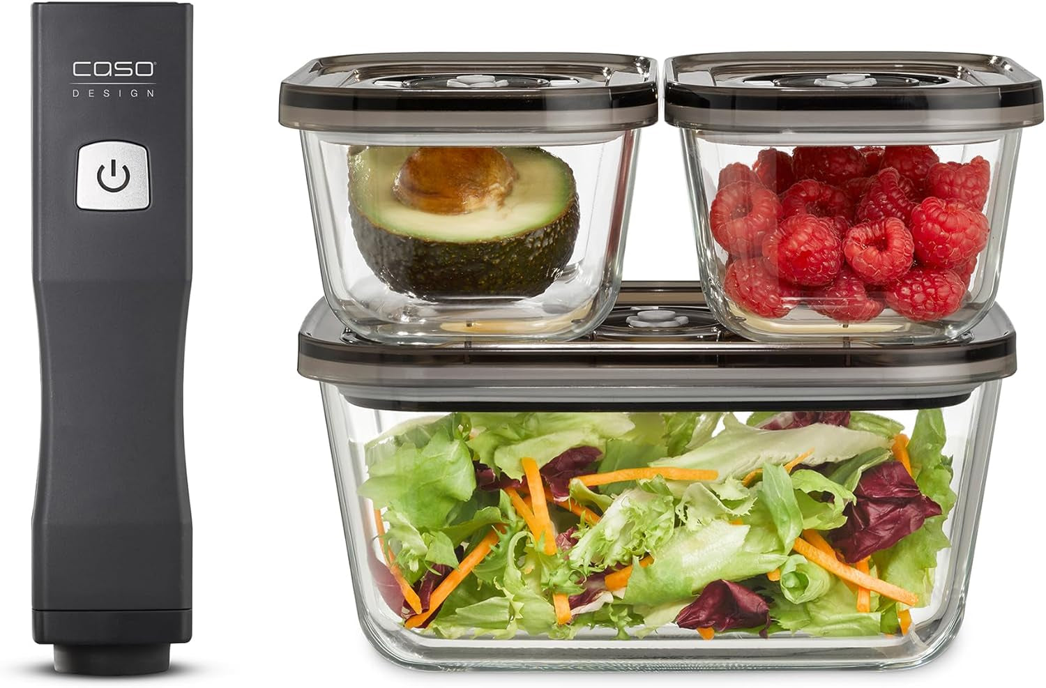 Caso Vacu OneTouch Eco sæt, manuel vakuumforsegler, inklusive 3 glasvakuumbeholdere og VacuBoxx Eco-Duo S - vakuumfriskhedsbeholder / 2 beholdere med hver 500 ml Madopbevaringsbokse Naty Shop