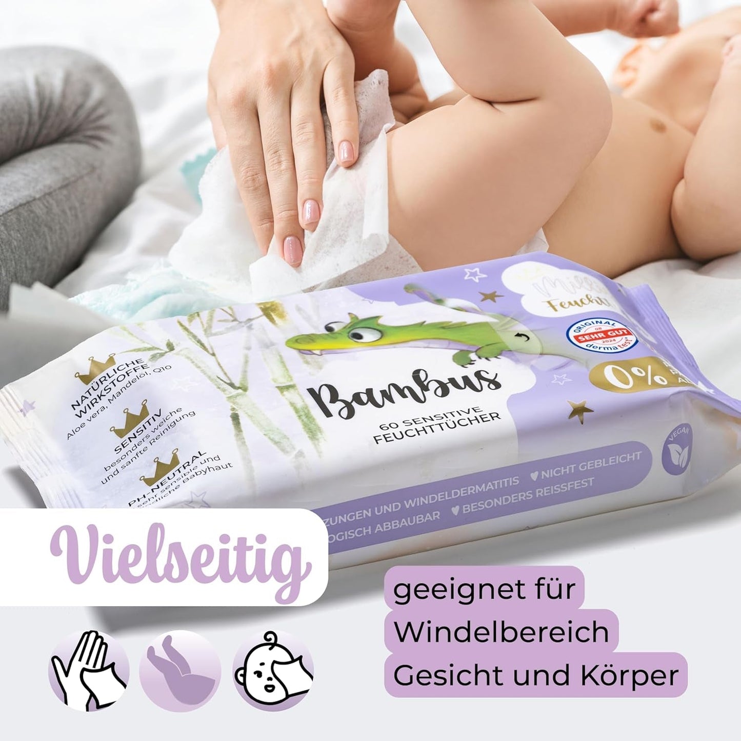 Millis Bamboo Baby Sensitive vådservietter til sart babyhud - 5 x 60 stykker - Naturlig, skånsom og bæredygtig rengøring - Biologisk nedbrydelige babyservietter, plastikfri og alkoholfri