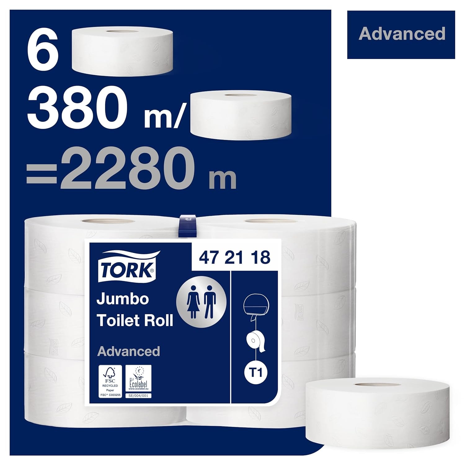 Toiletpapir Tork Jumbo White T1, Avanceret, 2 lag, 6 × 380 M, 472118