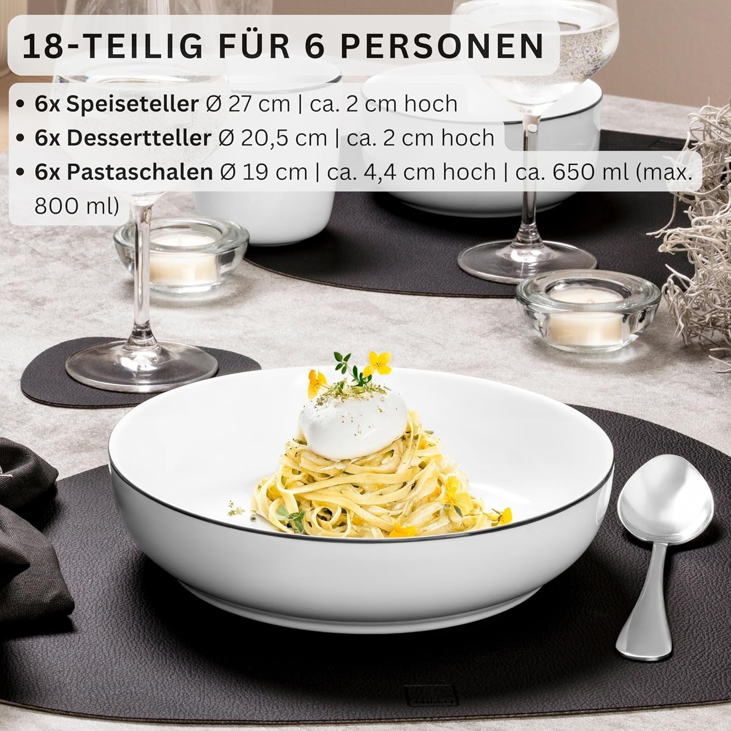 SANGER | Marlo sort og hvid kant servisesæt, 18 dele porcelænsstel til 6, hvid med sorte accenter, middagstallerkener, desserttallerkener og skåle, moderne design | PREMIUM KOLLEKTIONEN