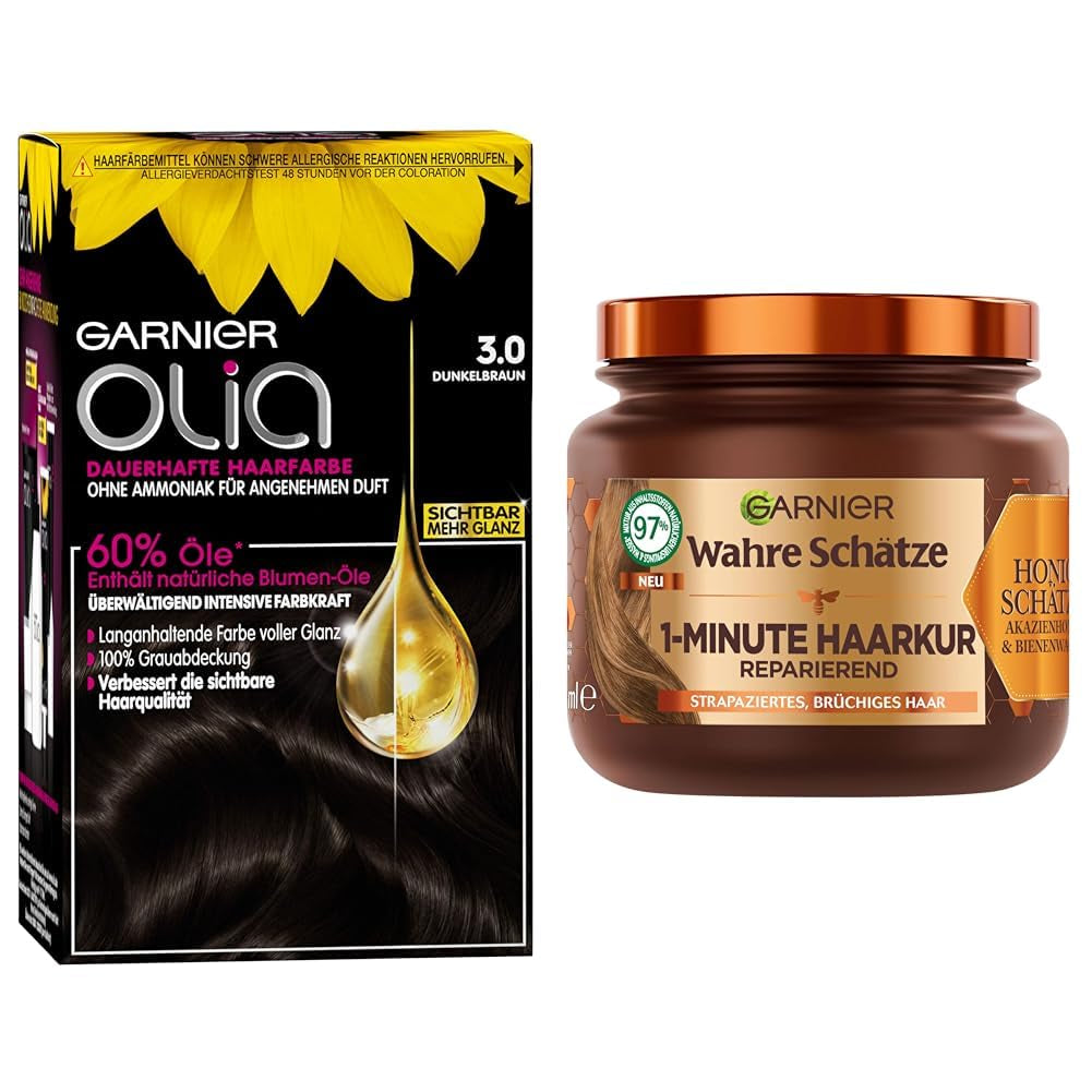 Garnier farve- og plejesæt: Olia 3.0 Mørkebrun Permanent Hårfarve + Reparerende Hårbehandling (340 ml) | Med akaciehonning og bivoks for glans og smidighed | Ammoniakfri hårfarve Naty Shop Standardtitel