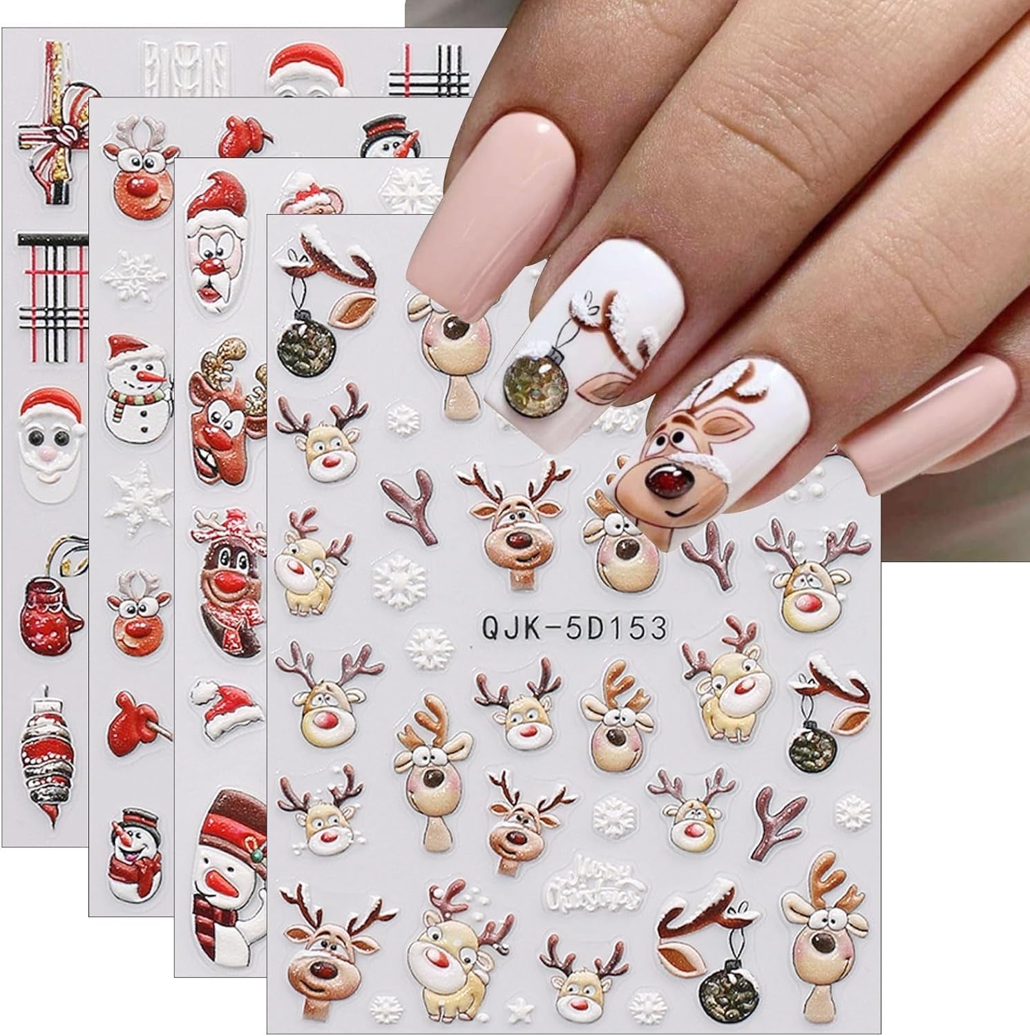 JMEOWIO 3D Nagelsticker Weihnachten Nail Art Sticker Selbstklebend Nagelaufkleber 5D Stereoskopisk Schneeflocke Xmas Winterurlaub Niedlich Dekoration Nageldesign Zubehör 4 Blatt