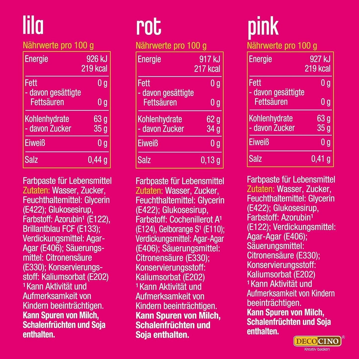 Decocino Neon madfarvesæt - 3 stykker - rød, lyserød, lilla - højdosis madfarve - til farvning af kager, muffins, cupcakes - smagsfri