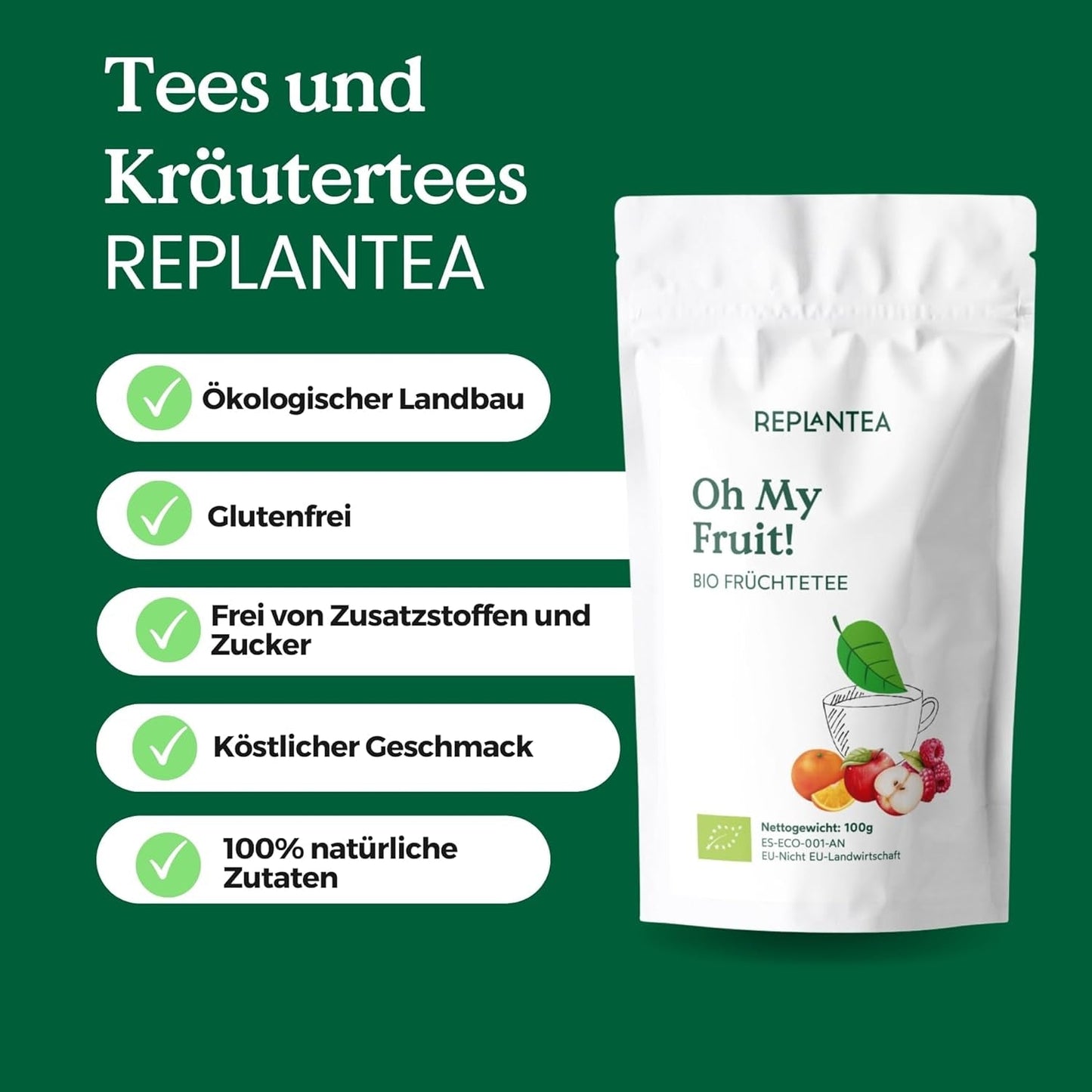 Oh My Fruit BIO frugtte 100 g (50 kopper) | Løs frugtte med æbler, hibiscus, hindbær, appelsiner og steviablade REPLANTEA