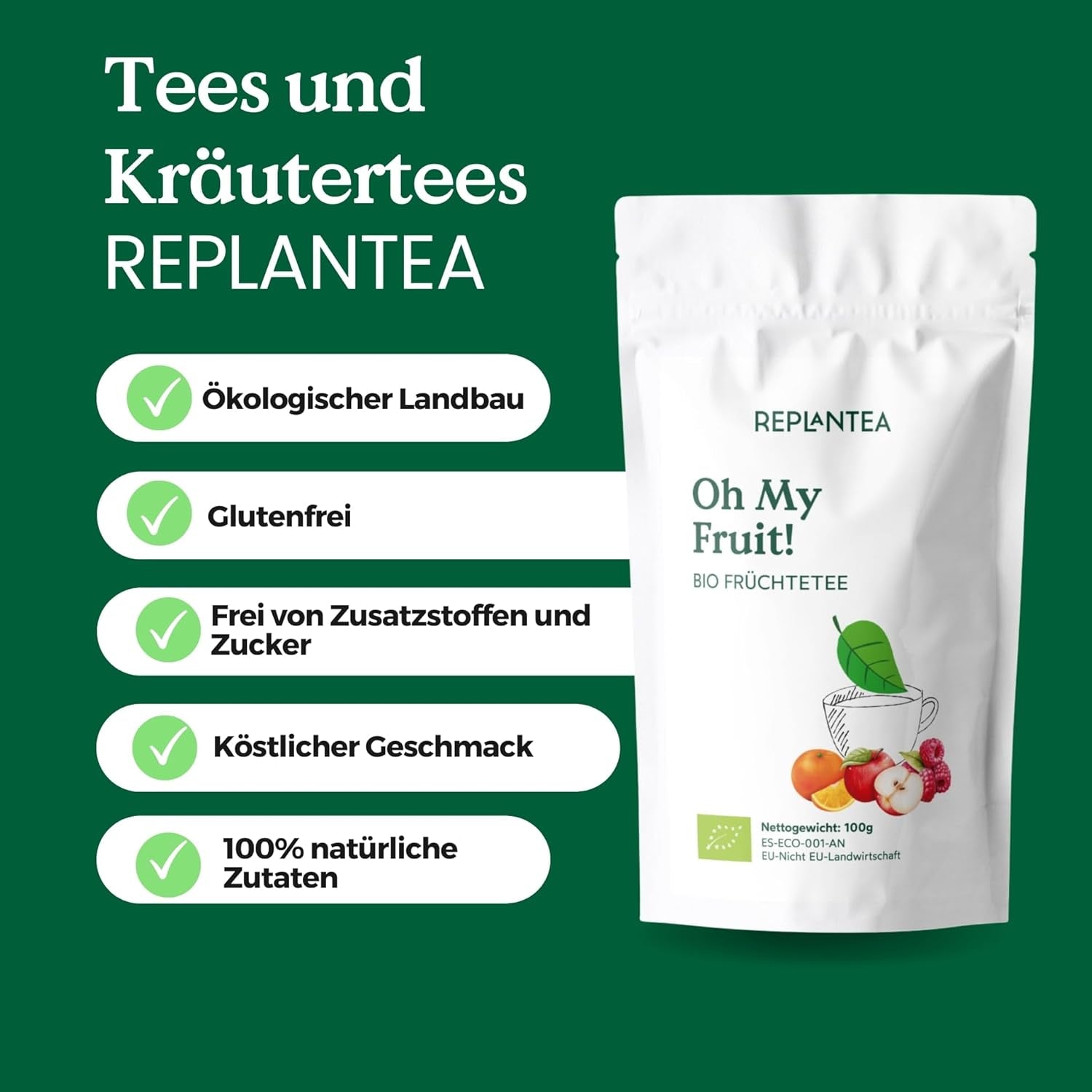 Oh My Fruit BIO frugtte 100 g (50 kopper) | Løs frugtte med æbler, hibiscus, hindbær, appelsiner og steviablade REPLANTEA