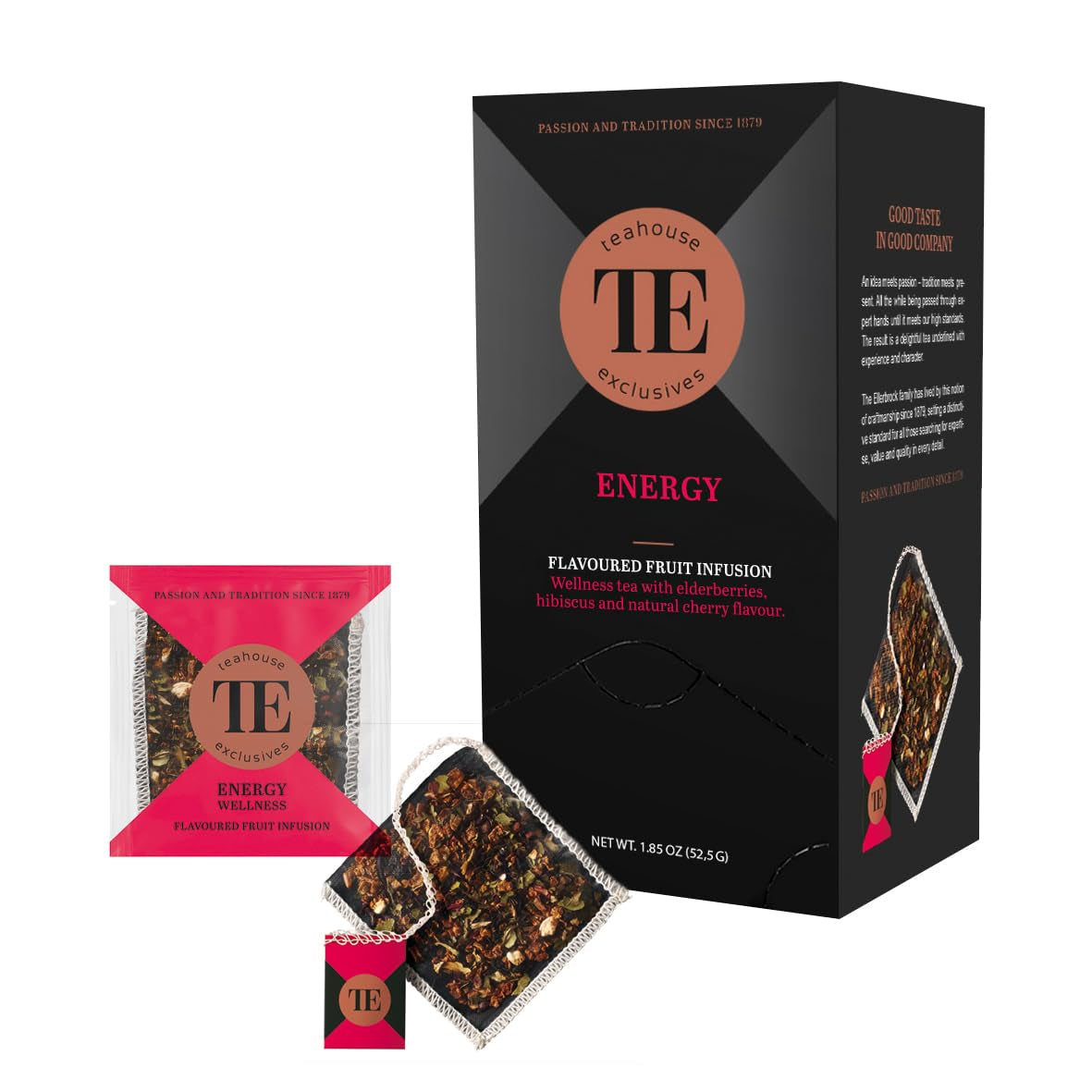 Teahouse Exclusives Luxury Tea Bag Energie, 15 poser - Wellness te med hyldebær, hibiscus og naturlig kirsebærsmag