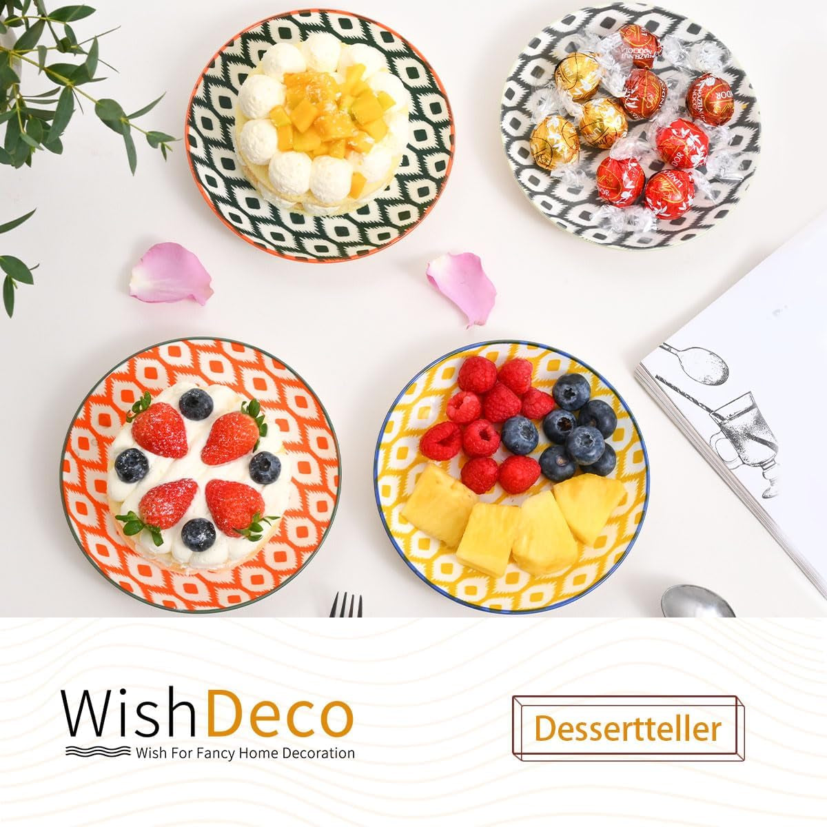 kagetallerken, sæt med 6; små desserttallerkener (15 cm); salatplader af porcelæn; farverige tallerkener til morgenmad; mini tallerkener til pasta, frugt, brød