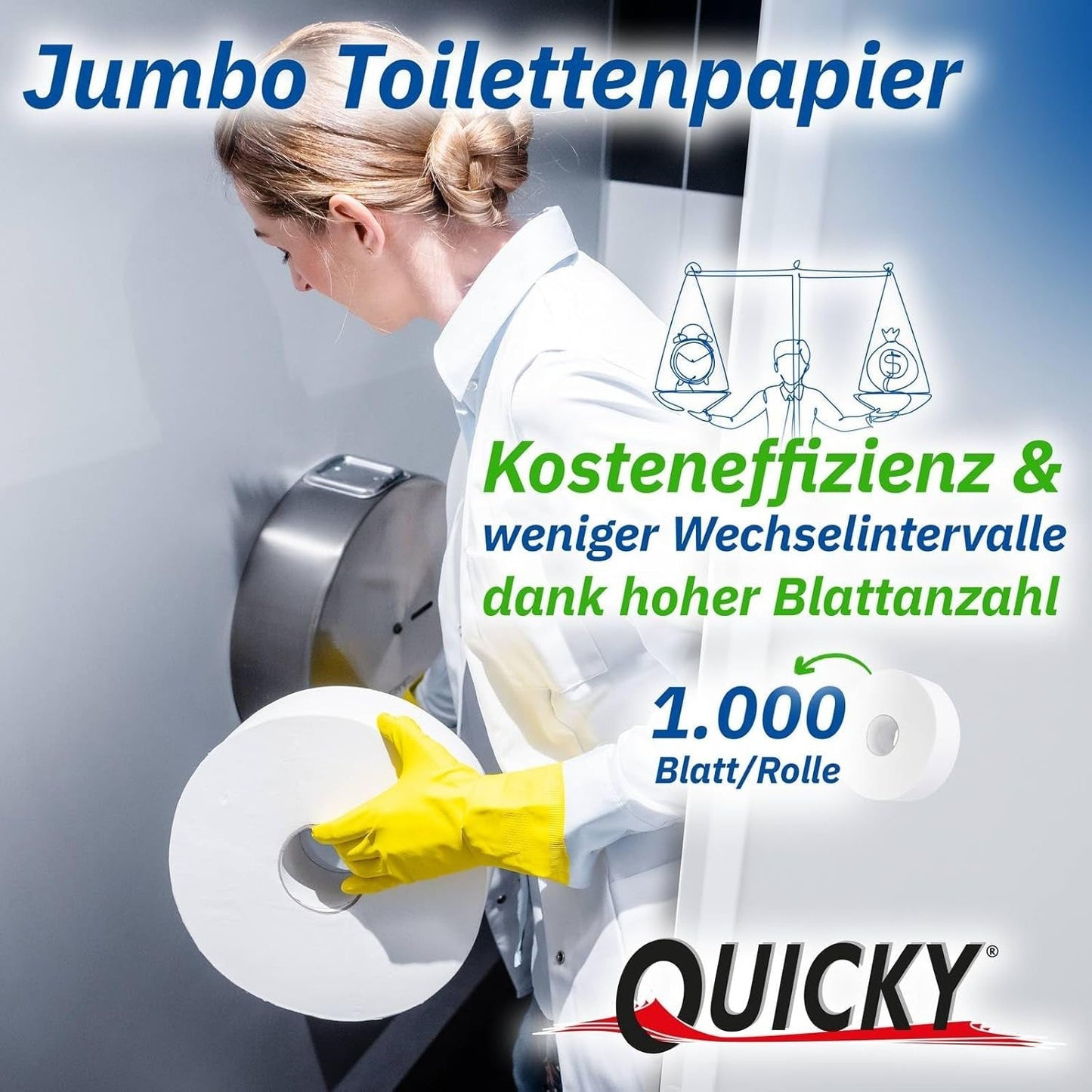 Quicky Jumbo 2-lags toiletpapir, 25 cm Ø, lys hvid, præget med fine prikker, 6 ruller - absorberende og rivefast for maksimal hygiejne, ideel til offentlige institutioner og industri