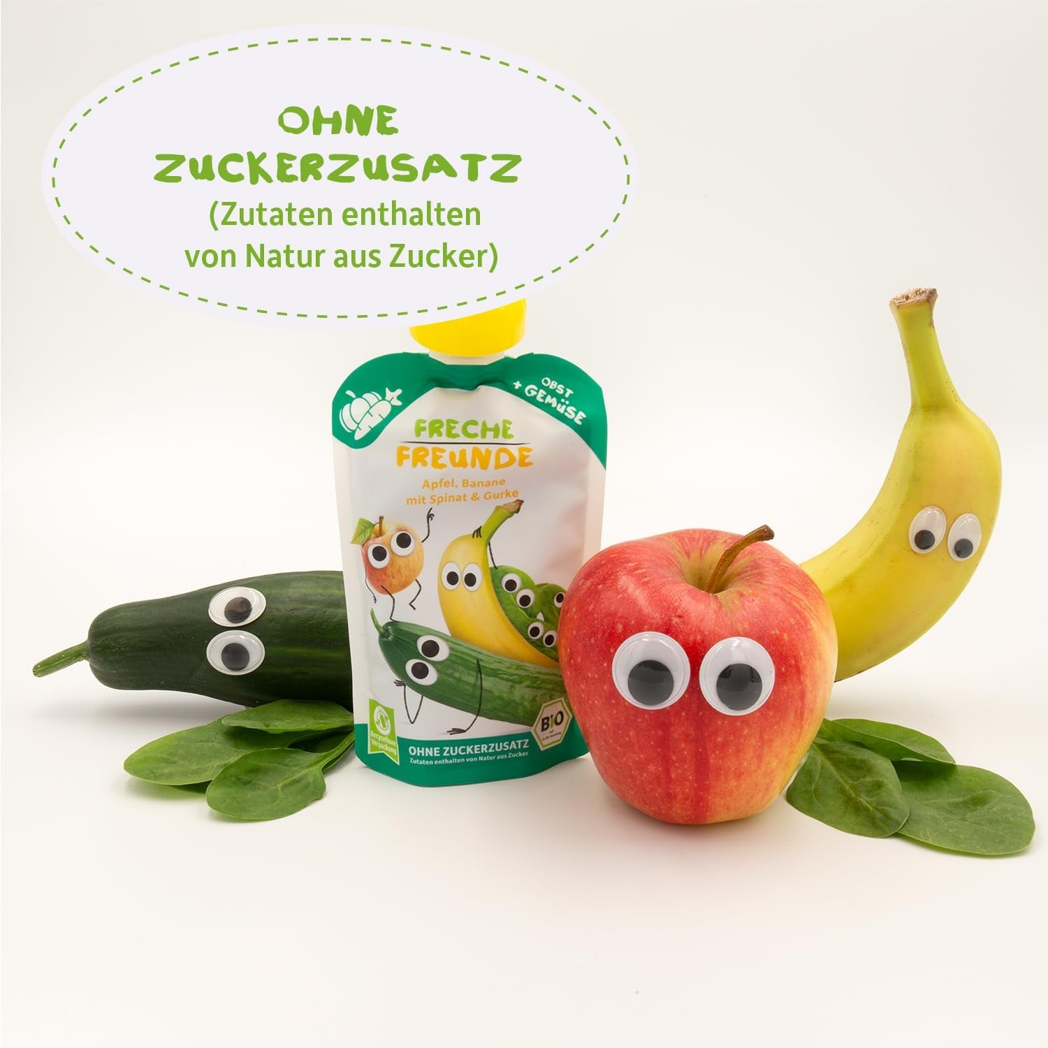 FRECHE FREUNDE Økologisk presselig frugtpose med æbler, bananer, spinat og agurk, pureret frugt og grøntsager i en klembar pose til babyer fra 6 måneder, vegansk, pakke med 6 (6 x 100 g)
