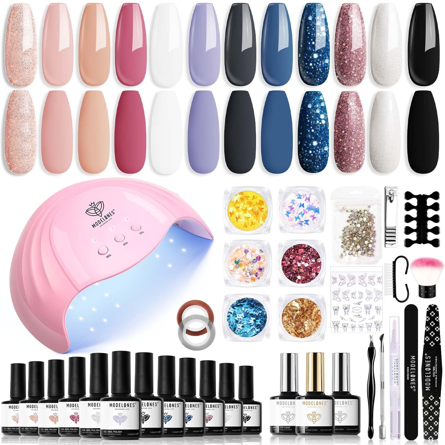 Modelones 35 stk Gel neglelak sæt, UV neglelak sæt med 48W lampe, nøgen brun hvid pink gel neglelak sæt, UV gel negle lak sæt med top coat base negle studio sæt