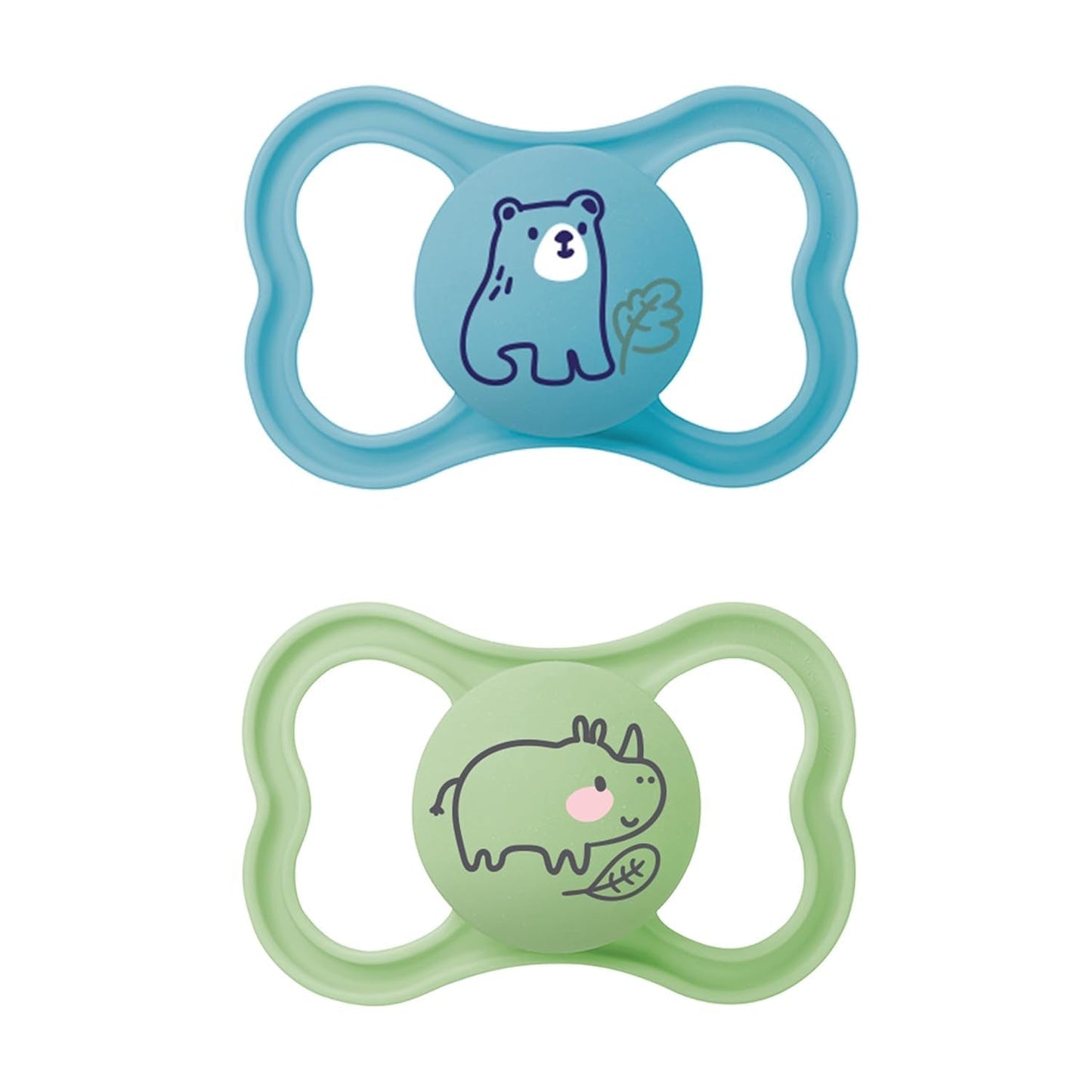 MAM Air Silikonesut 2 Pack Ekstra let og luftigt design Tandvenlig babysut Lavet af MAM SkinSoft Special Silikone med sutteæske 6-16 måneder Bjørn/næsehorn