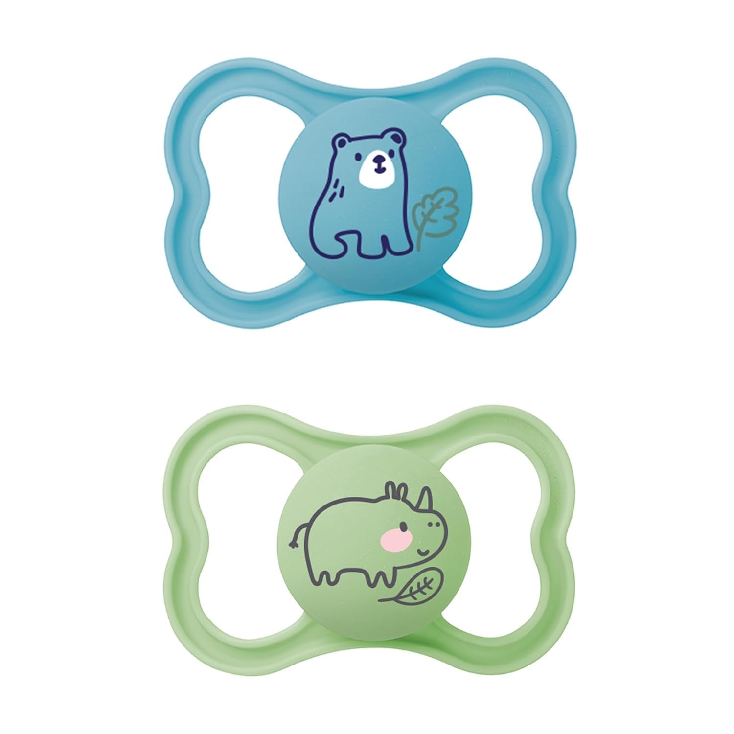 MAM Air Silikonesut 2 Pack Ekstra let og luftigt design Tandvenlig babysut Lavet af MAM SkinSoft Special Silikone med sutteæske 6-16 måneder Bjørn/næsehorn