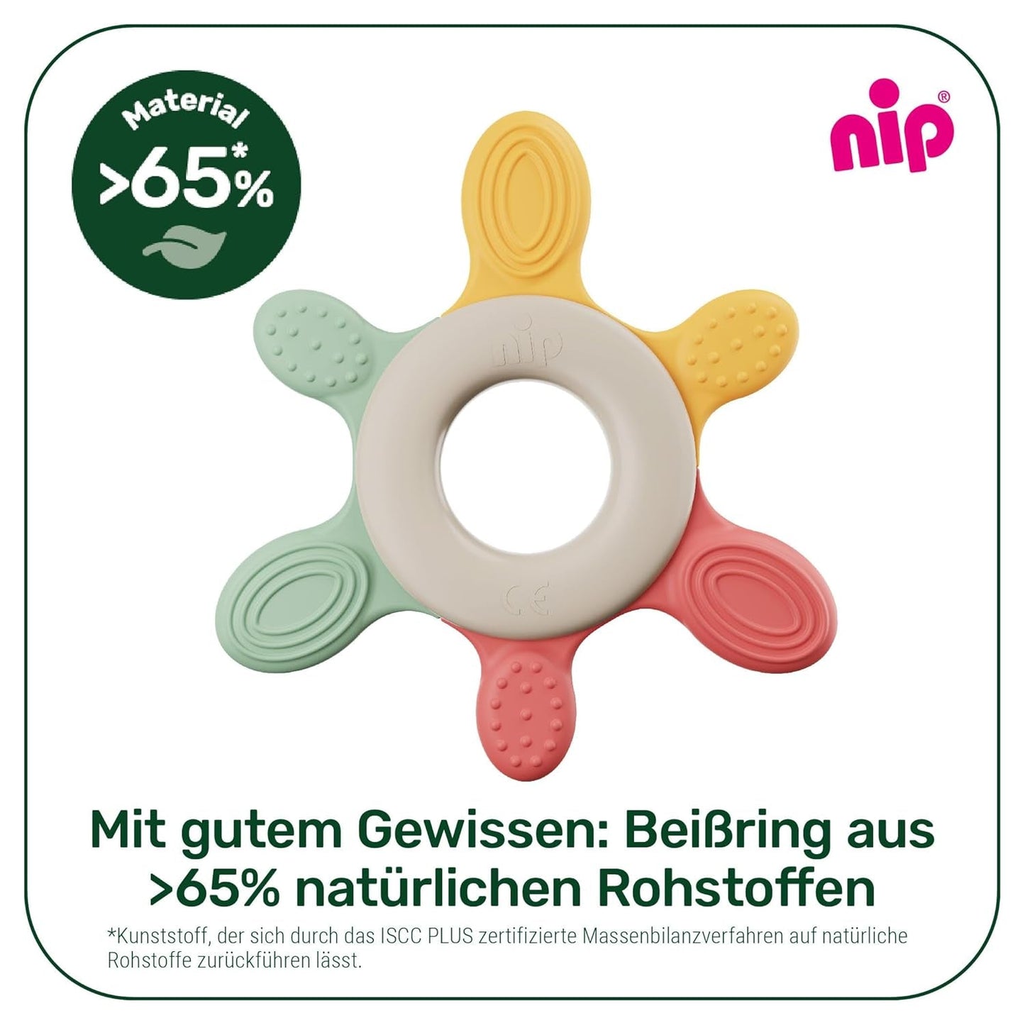 nip – bidering | Bæredygtig bidering til babyer fra 3 måneder, lavet af over 65% naturlige råvarer. Til blid massage af tandkød, tunge og tænder | Rød/grøn/orange