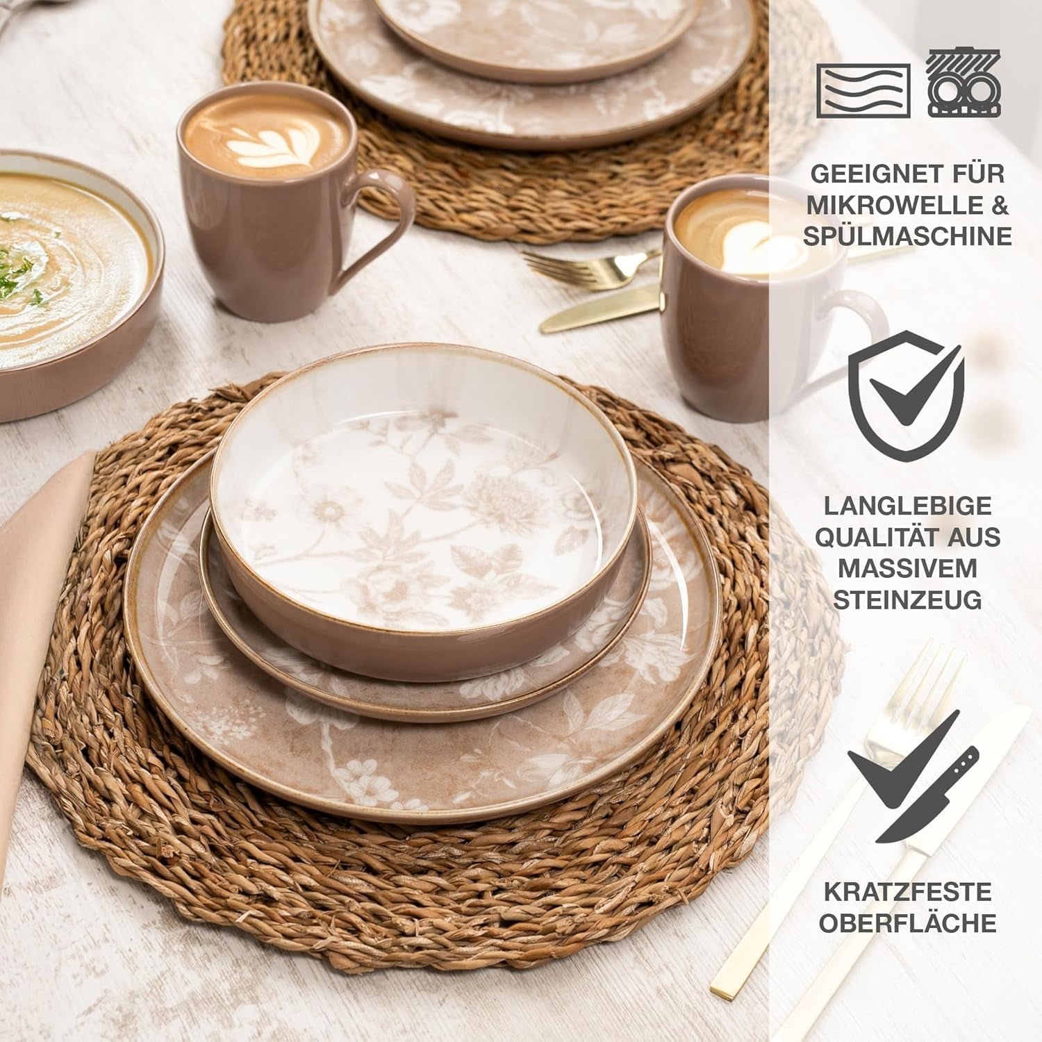 Moritz & Moritz MARIELLA 6-personers spisestel i stentøj i 24 dele - Moderne beige service med et legende design, letplejet kaffestel med tallerkener, skåle og kopper - Kombinationssæt