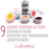 Scrapcooking - Sæt med 9 pulveriserede madfarver - Blå, Gul, Pink, Lilla, Orange, Limegrøn, Rød, Pulverpink, Sort - Spiseligt farvepulver til kager, muffins, macarons - 4270