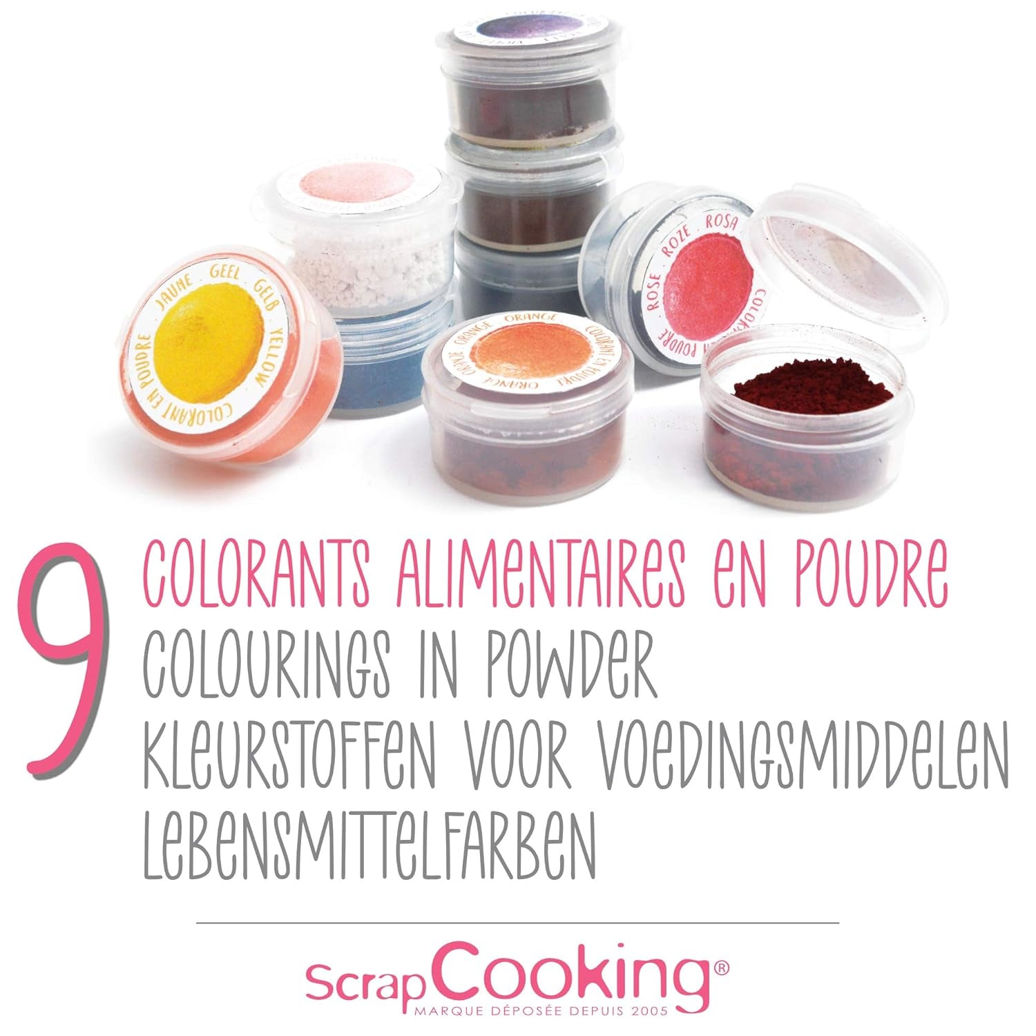 Scrapcooking - Sæt med 9 pulveriserede madfarver - Blå, Gul, Pink, Lilla, Orange, Limegrøn, Rød, Pulverpink, Sort - Spiseligt farvepulver til kager, muffins, macarons - 4270