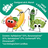 FRECHE FREUNDE Økologisk presselig frugtpose med æbler, bananer, spinat og agurk, pureret frugt og grøntsager i en klembar pose til babyer fra 6 måneder, vegansk, pakke med 6 (6 x 100 g)