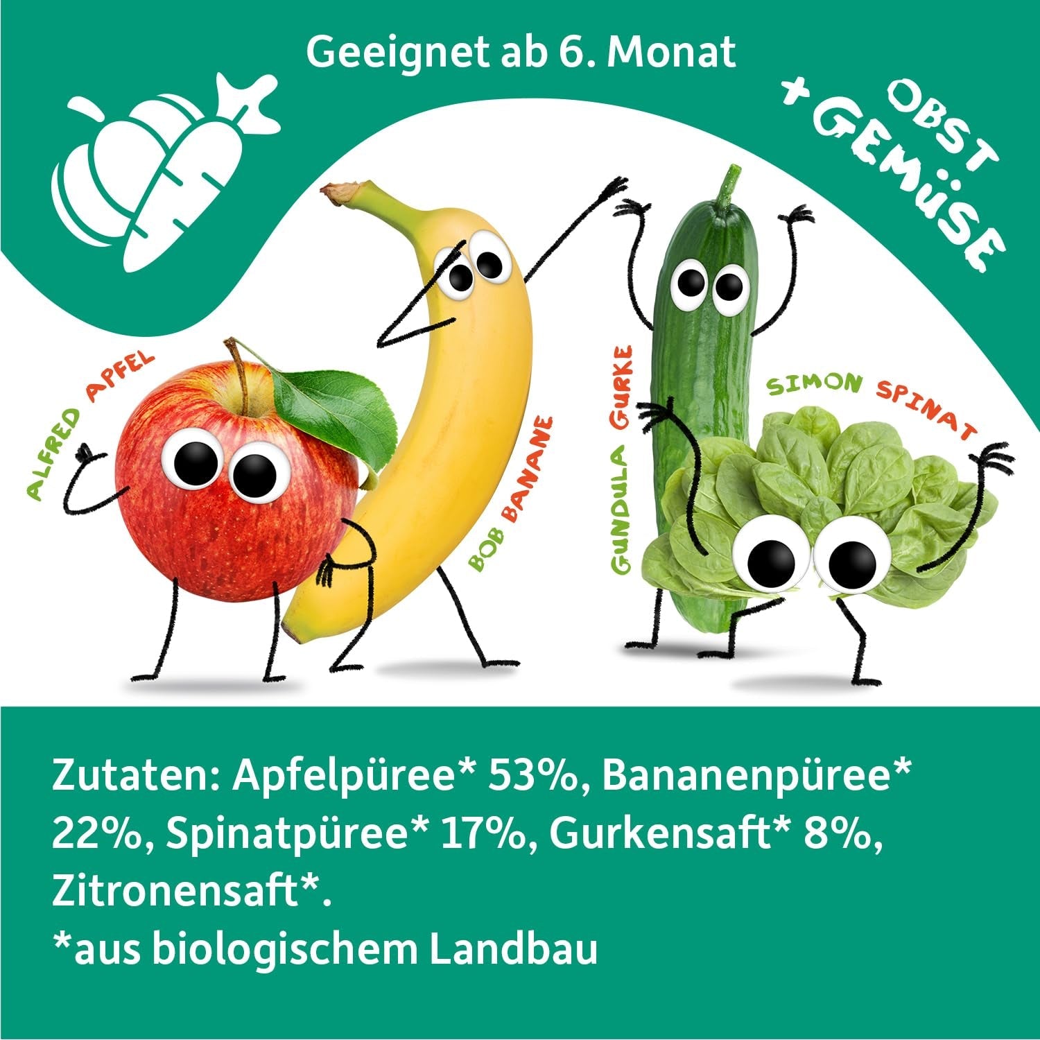FRECHE FREUNDE Økologisk presselig frugtpose med æbler, bananer, spinat og agurk, pureret frugt og grøntsager i en klembar pose til babyer fra 6 måneder, vegansk, pakke med 6 (6 x 100 g)