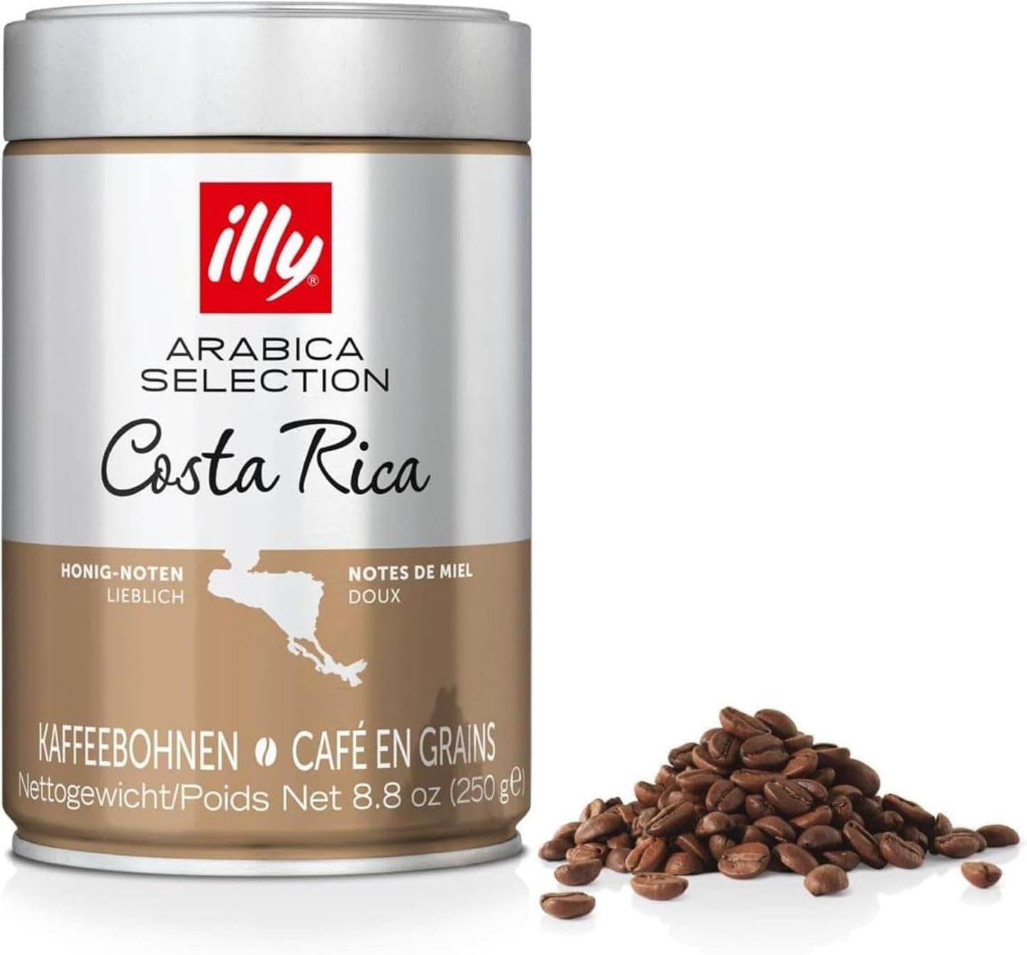 illy, Kaffeebohnen Arabica Selection Costa Rica, 100% Arabica med karamel-, Schokoladen- og Vanillenoten, süßer Gesmack, 1 dosis med 250g