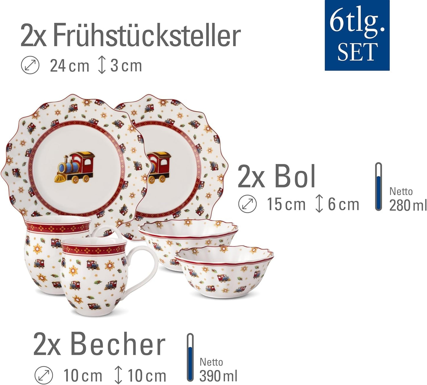 Villeroy & Boch - Toy's Delight morgenmadssæt til 2, lokomotivdesign, 6 stykker, farverigt, jul, porcelænssæt med tallerkener, kopper og skåle til morgenmad, julestel, premium porcelæn