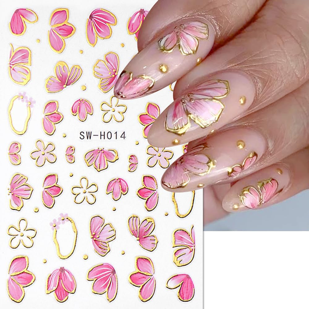 Guld Linie Schieber Rosa Nagelsticker Blumen 3D Flower Nail Sticker Sakura Blütenblätter Blumen Nagelaufkleber Frühling Sommer Floral Nagel Sticker Flowers Nagel Stickers Nageldesign Zubehör Nail Art