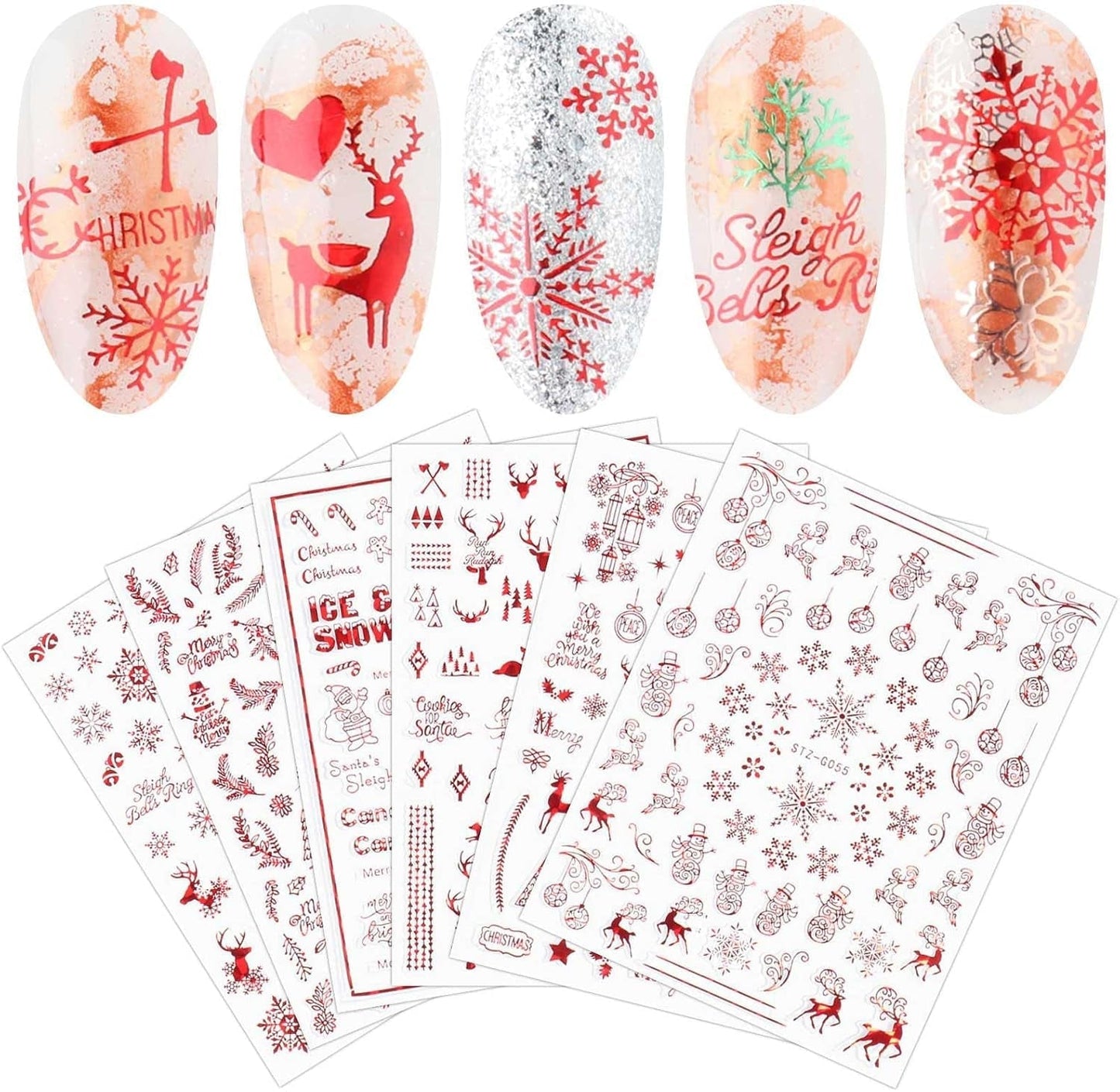 9 Blatt Nagelsticker Weihnachten Nagelaufkleber Selbstklebend Weiß Rentier Schneemann Nail Art Sticker Dekoration Nageldesign Zubehör
