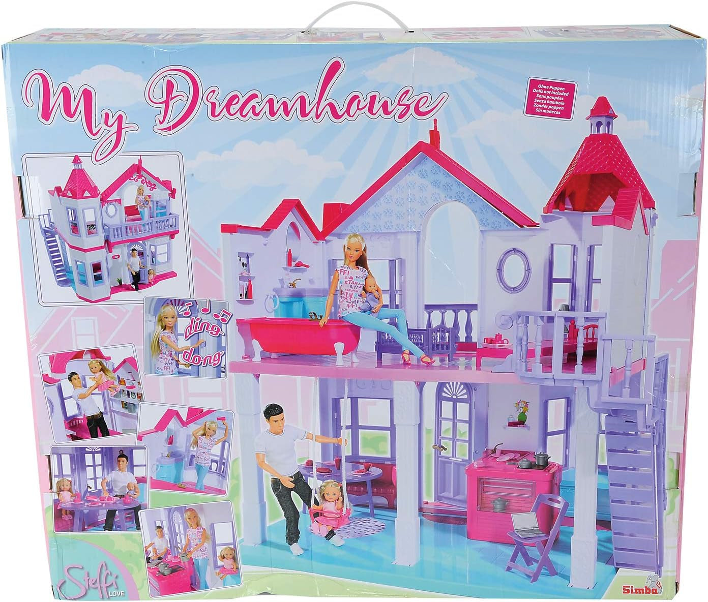 Simba 104661996 - Steffi Love Dreamhouse, Stort Legehus, 4 Værelser, INGEN DUKKERE, 84 cm høj, To Etager, Funktionel Klokke, Sammenklappelige Naty Shop Dukkehuse