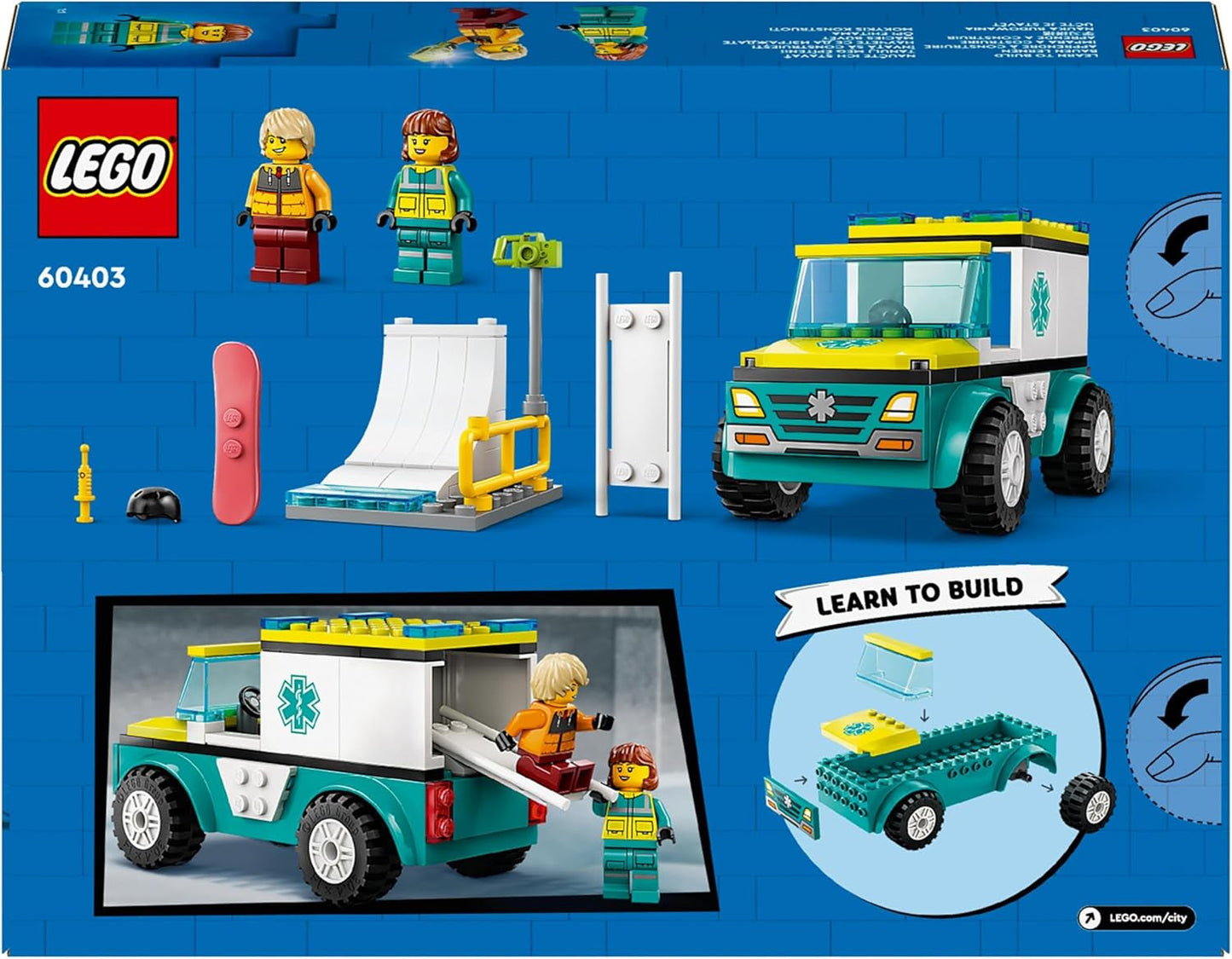 LEGO City Ambulance og Snowboarder, Ambulance Legesæt med legetøjsbil og 2 minifigurer, Snowboarder og Paramediciner Figur, fantasifuld gave til drenge og piger fra 4 år 60403 Byggesæt Besuche den LEGO-Store