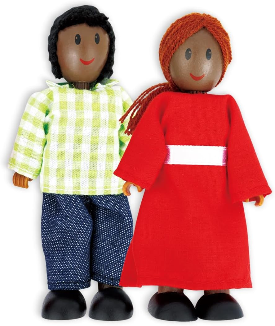 Hape dukkefamilie - 6-delt mørkt læder dukkehustilbehør sæt med figurer af træ og stof, foregive leg, pædagogisk legetøj, interaktivt lærelegetøj til børn fra 3 år og opefter
