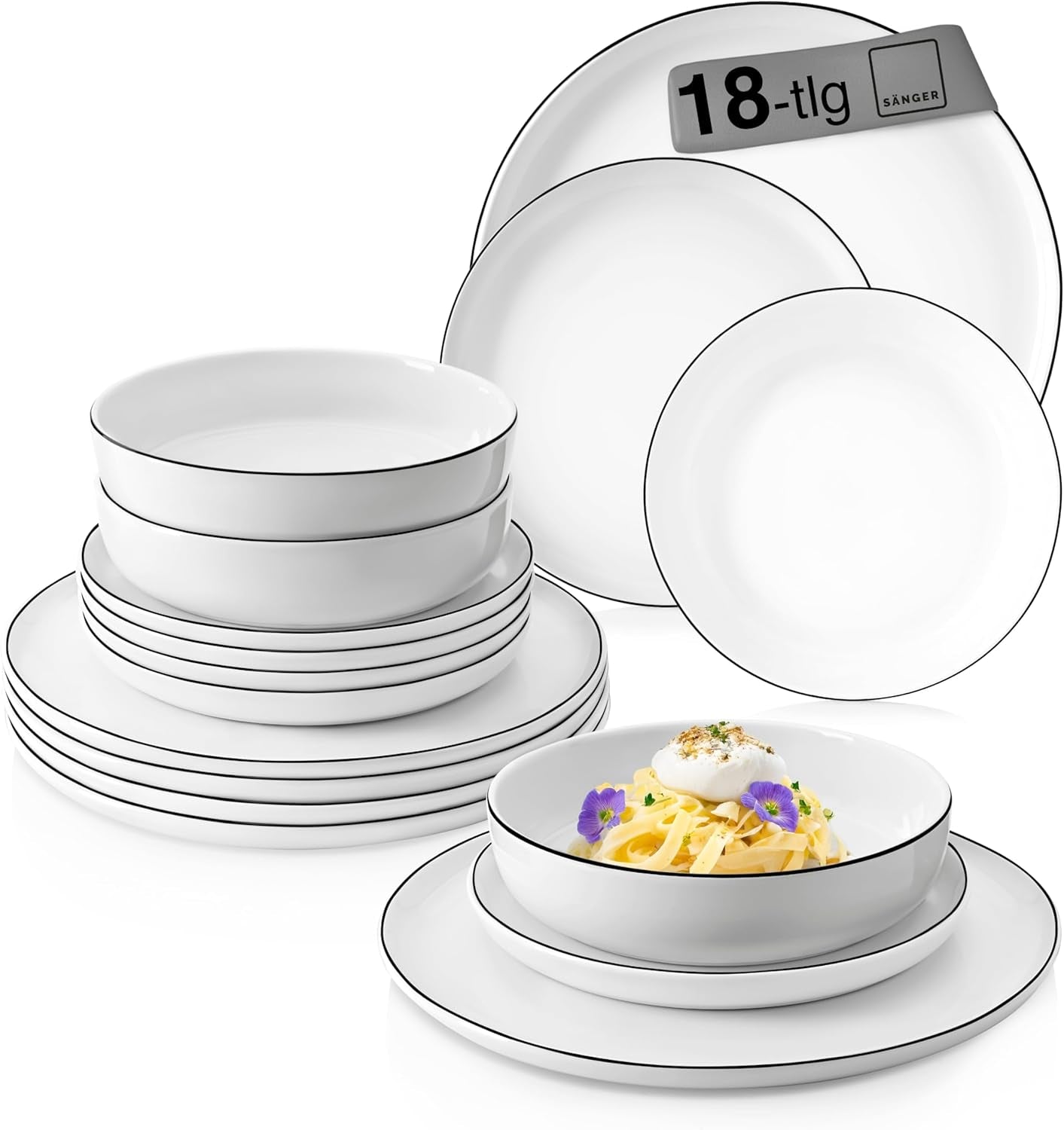 SANGER | Marlo sort og hvid kant servisesæt, 18 dele porcelænsstel til 6, hvid med sorte accenter, middagstallerkener, desserttallerkener og skåle, moderne design | PREMIUM KOLLEKTIONEN