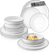 SANGER | Marlo sort og hvid kant servisesæt, 18 dele porcelænsstel til 6, hvid med sorte accenter, middagstallerkener, desserttallerkener og skåle, moderne design | PREMIUM KOLLEKTIONEN