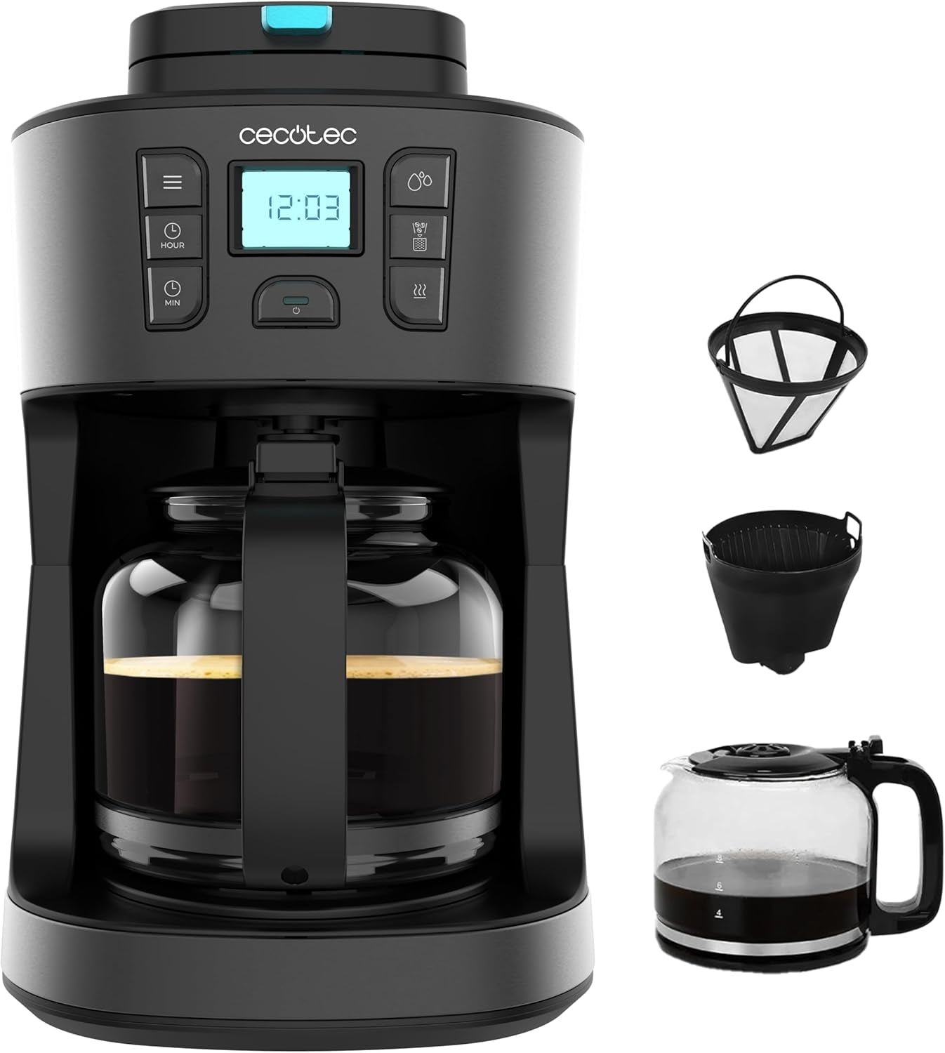 Cecotec Coffee 66 Grind & Drop Essential dryp kaffemaskine. 1086 W, Klingesliber, Op til 12 kopper, Ekstrem Aroma-teknologi, Digital, Rustfrit Stål, Auto-Sluk.
