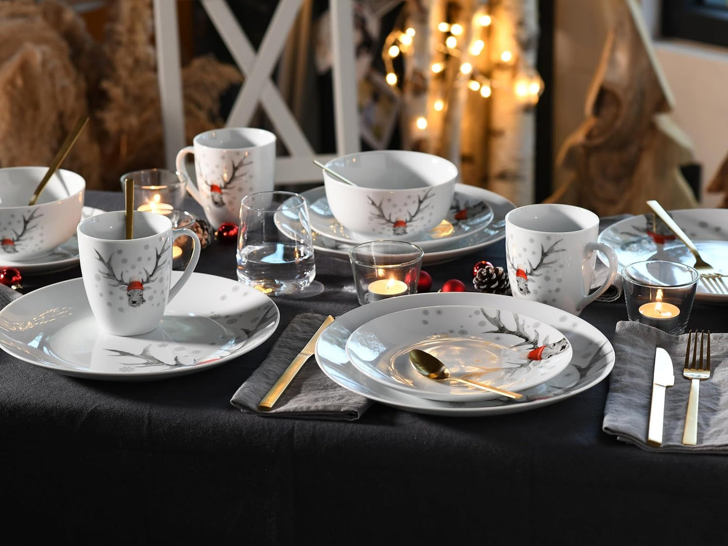 CreaTable, 21498, Luna Hirsch-serien, 18-dele stel til 6, morgenmadssæt i porcelæn, tåler opvaskemaskine og mikroovn, kvalitetsfremstilling