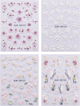 JMEOWIO 3D Nagelsticker Blumen Nail Art Sticker Selbstklebend Nagelaufkleber 5D Stereoskopisk Frühling Sommer Dekoration Nageldesign Zubehör 4 Blatt