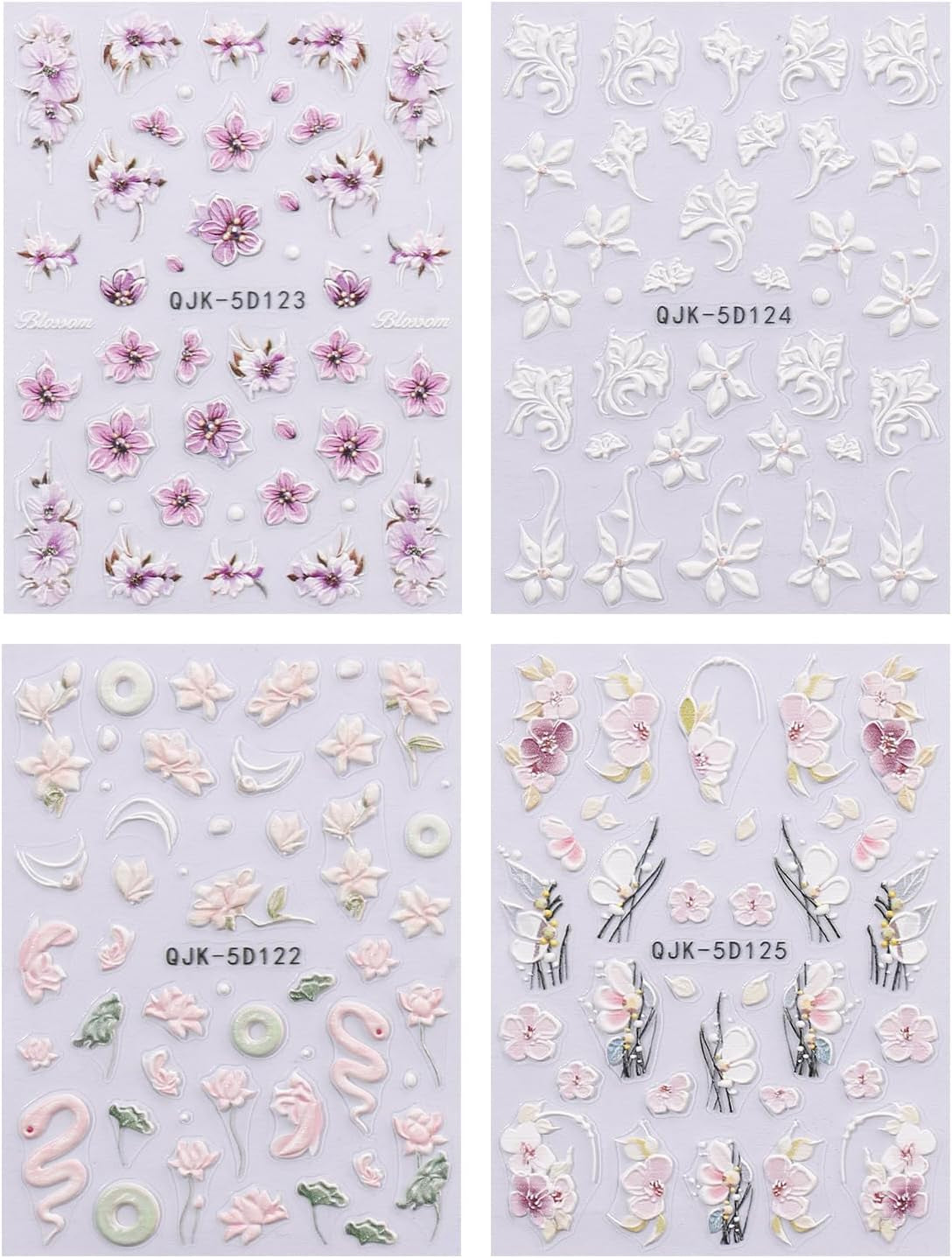 JMEOWIO 3D Nagelsticker Blumen Nail Art Sticker Selbstklebend Nagelaufkleber 5D Stereoskopisk Frühling Sommer Dekoration Nageldesign Zubehör 4 Blatt