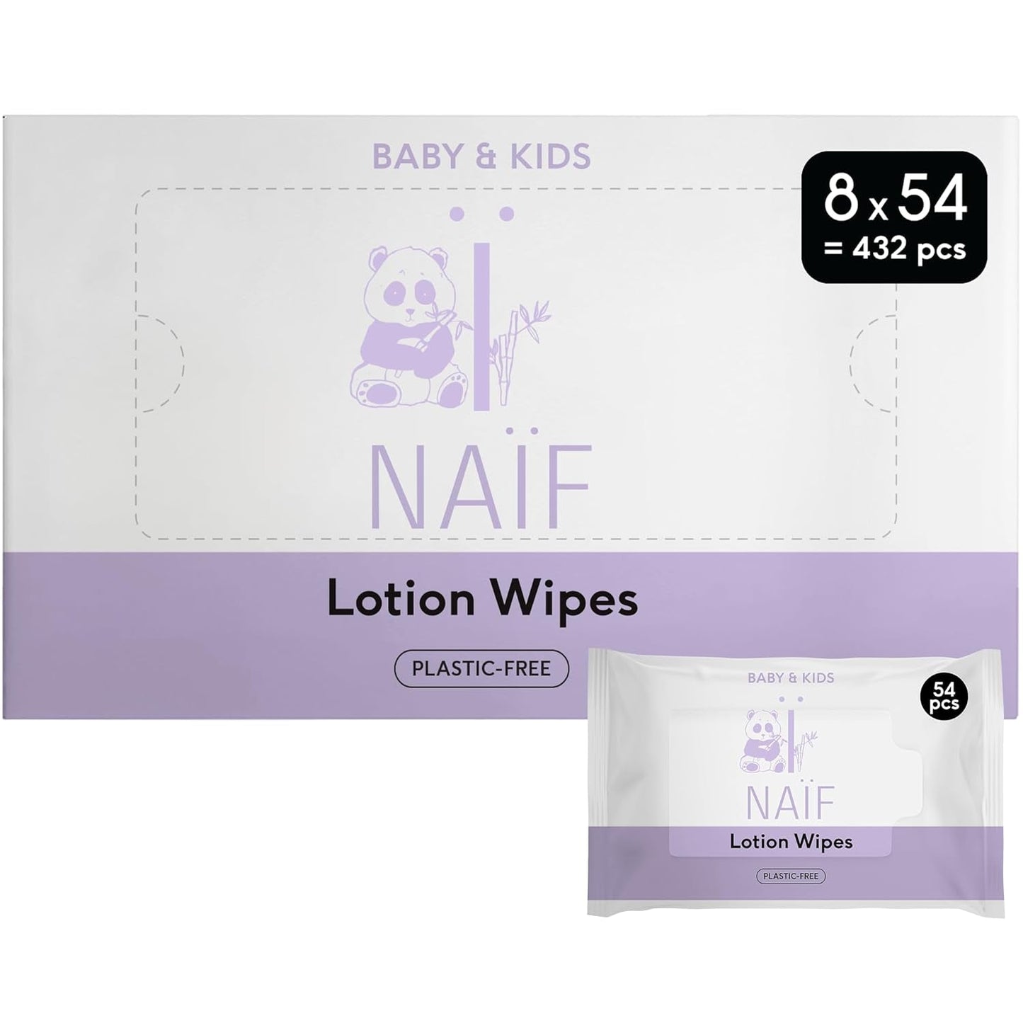 Naïf - Vådservietter med plastikfri lotion - 1296 stykker (24 pakker á 54 servietter) - til babyer og børn - Babys underdel, krop og ansigt - med Aloe Vera og bambus - 0% duft og alkohol
