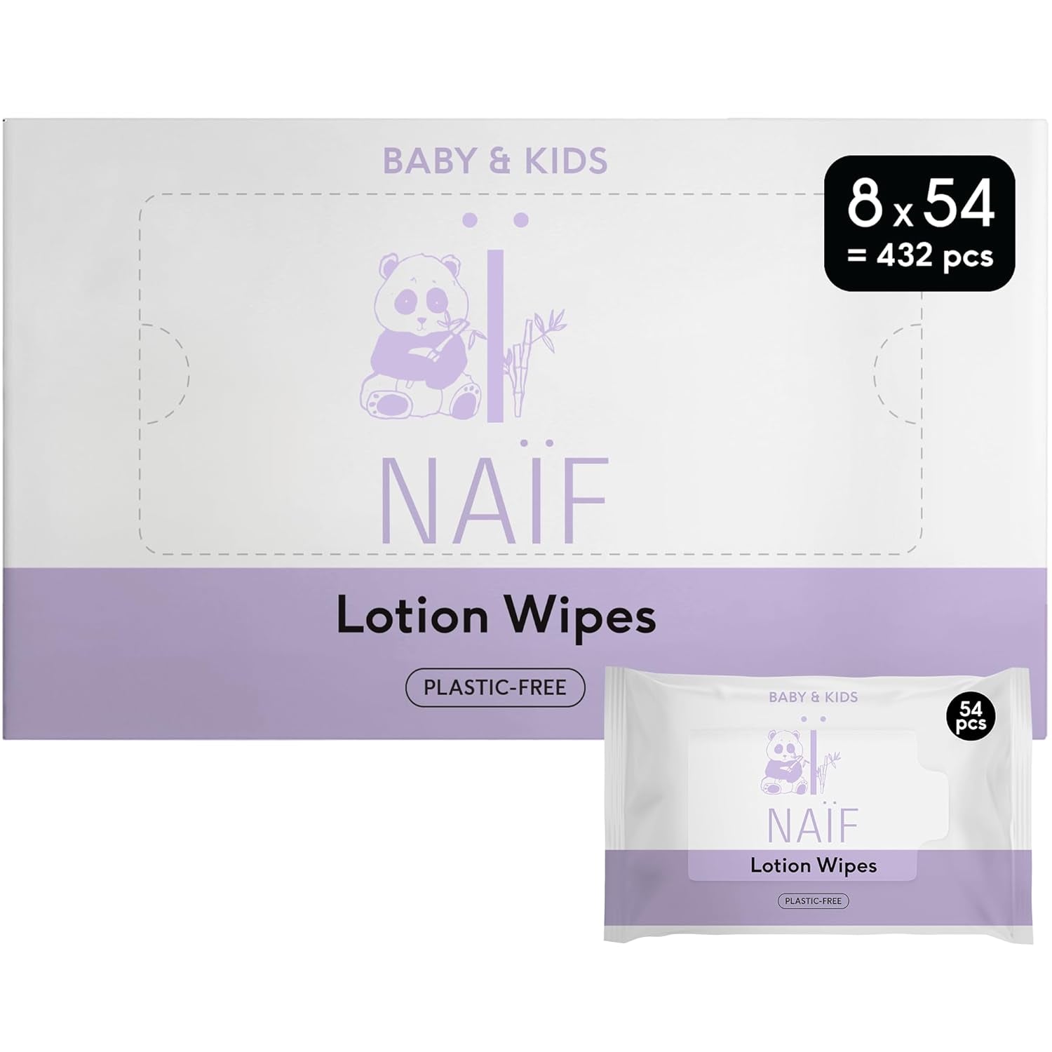 Naïf - Vådservietter med plastikfri lotion - 1296 stykker (24 pakker á 54 servietter) - til babyer og børn - Babys underdel, krop og ansigt - med Aloe Vera og bambus - 0% duft og alkohol