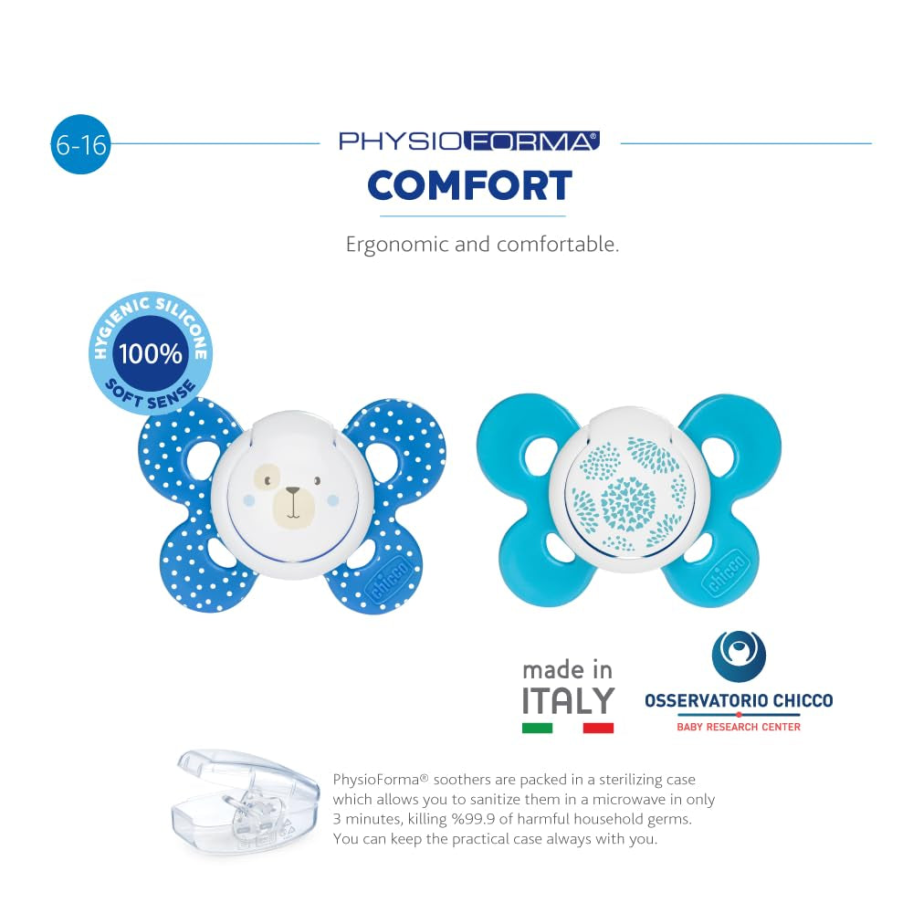 Chicco PhysioForma Comfort sut 6-16 måneder, 1 stk., sut med silikone sut, understøtter fysiologisk vejrtrækning og fremmer korrekt oral udvikling, blå