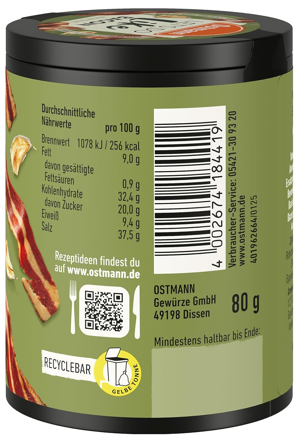 Ostmann Gewürze - Lad os gøre som bacon | Bacon-Geschmack für ungewürzte Fleischersatzprodukte | Gewürzsalz für Tofu og vegetarisk/vegansk Eintöpfe | 80 g i Metalldose genbrugsbar