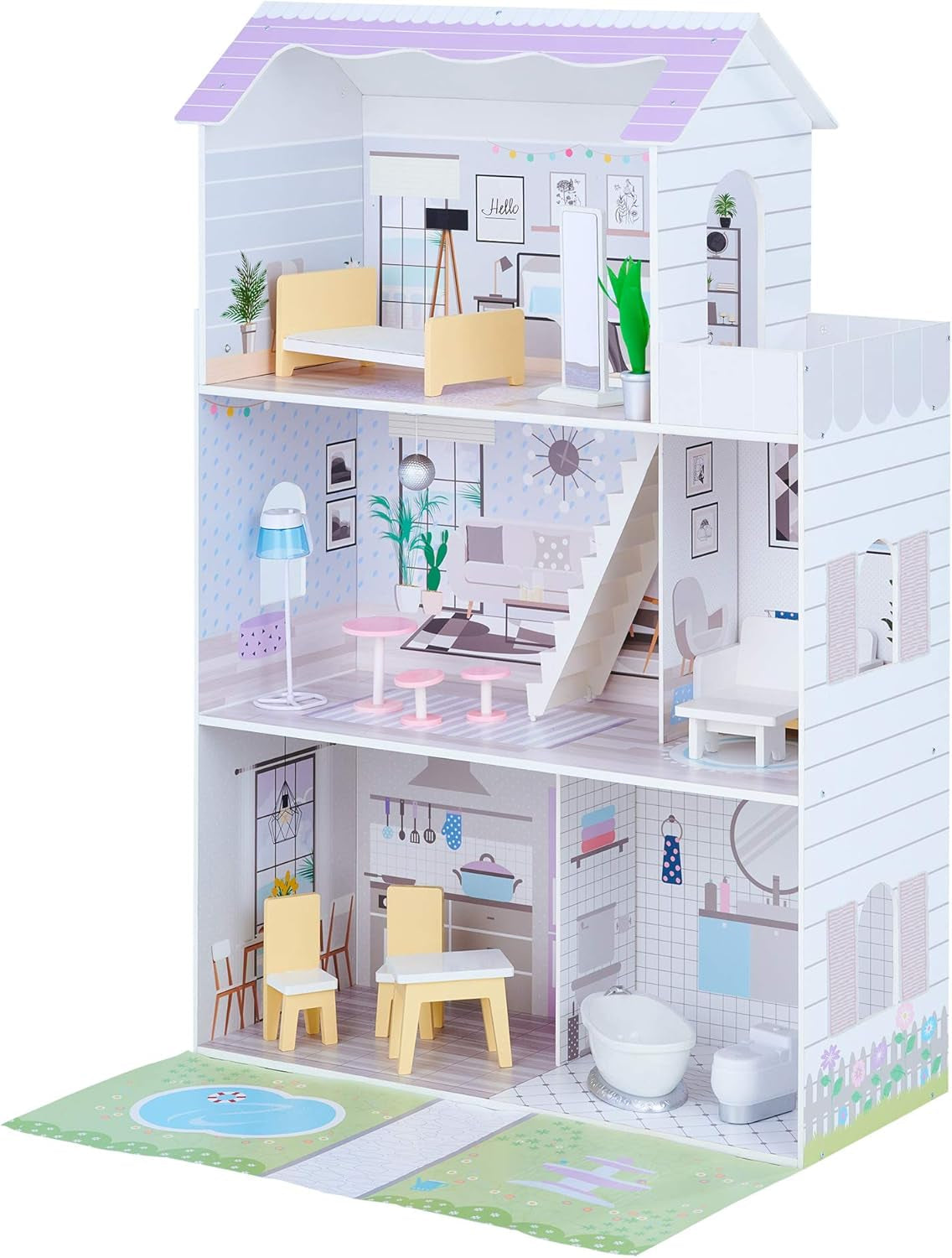Teamson Kids Olivias Little World Giant dukkehus med 16 dukketilbehør, trædukkehus med møbler, 3-etagers, børnedukkehus til 12 tommer/30 cm dukker, alder 3+ dukkehuse Naty Shop Standardtitel