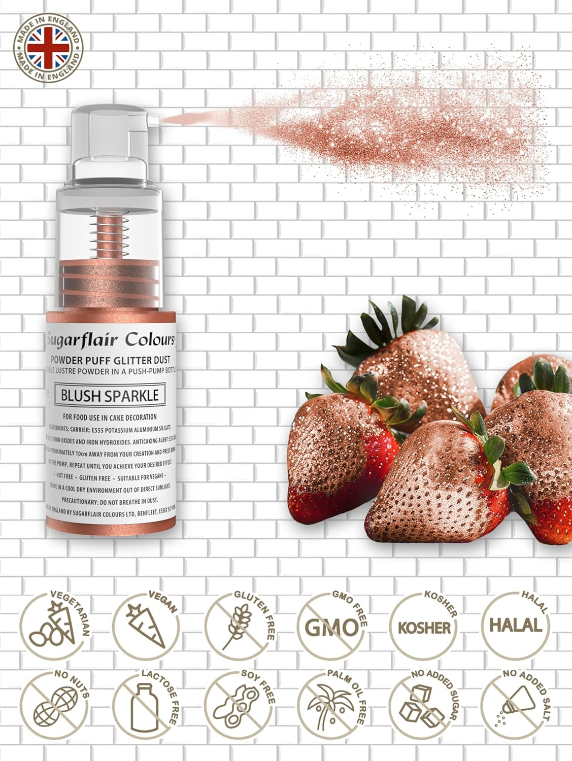Sugarflair Pump Powder Spray, Glitter, Blush, Glitter - madfarve til kage, non-aerosol spray til kager, muffins og mere - 10g