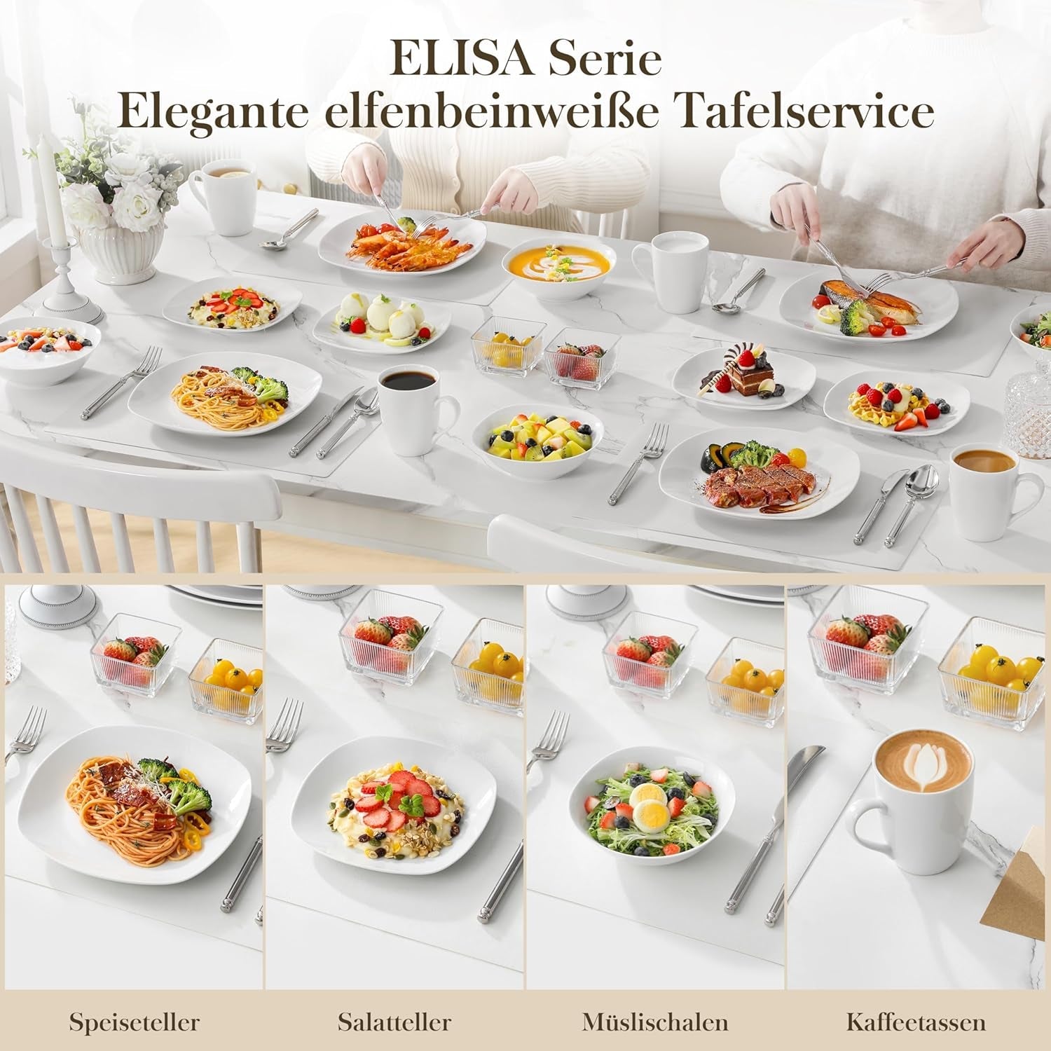 MALACASA Spisesæt til 4, 16-delt hvidt porcelænsservice, moderne servisesæt med 4 middagstallerkener, Desserttallerkener, Suma-tallerkener og -kopper, ELISA-serien