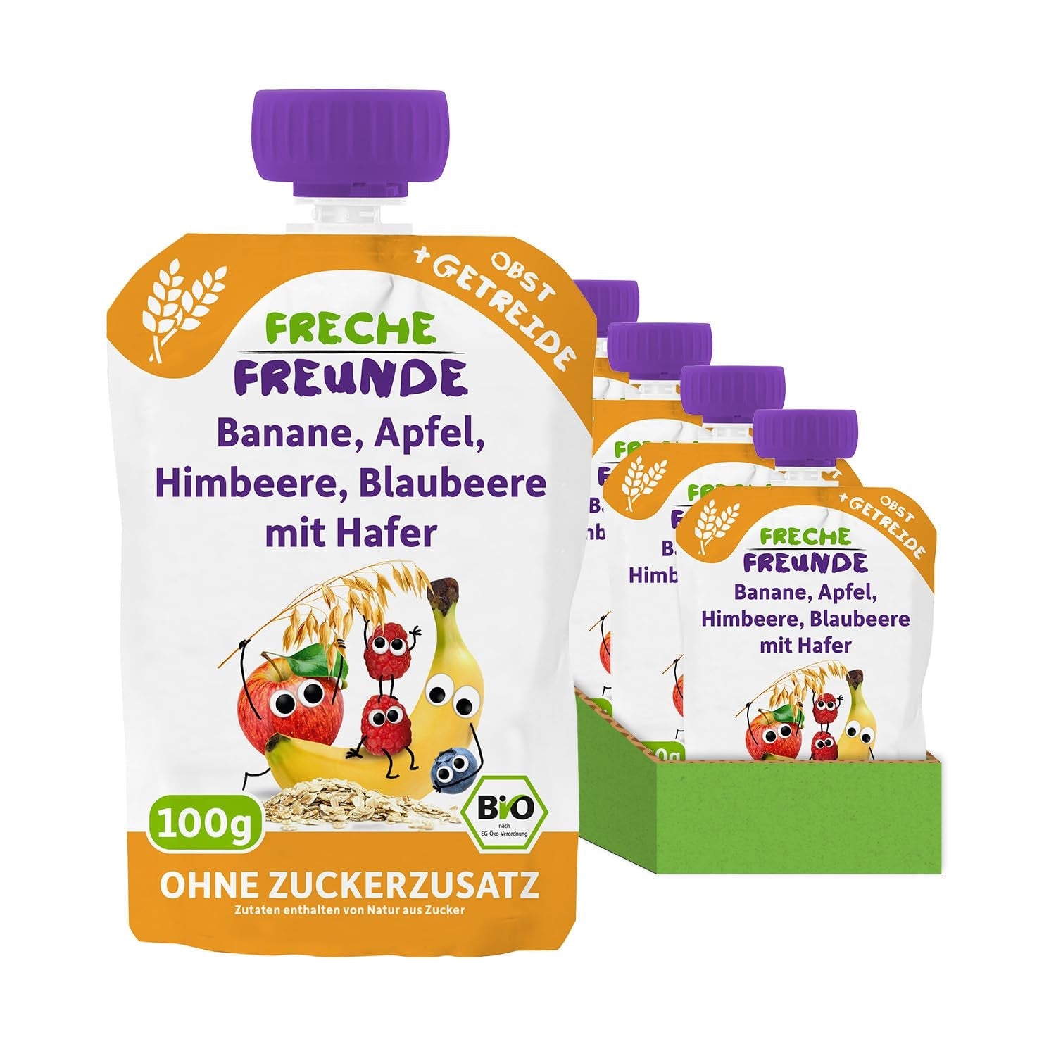 FRECHE FREUNDE Økologisk frugtpose Banan, æble, hindbær, blåbær med havre, frugtpuré med korn i en pose, der kan presses til babyer fra 6 måneder, vegansk, pakke med 6 (6 x 100 g)