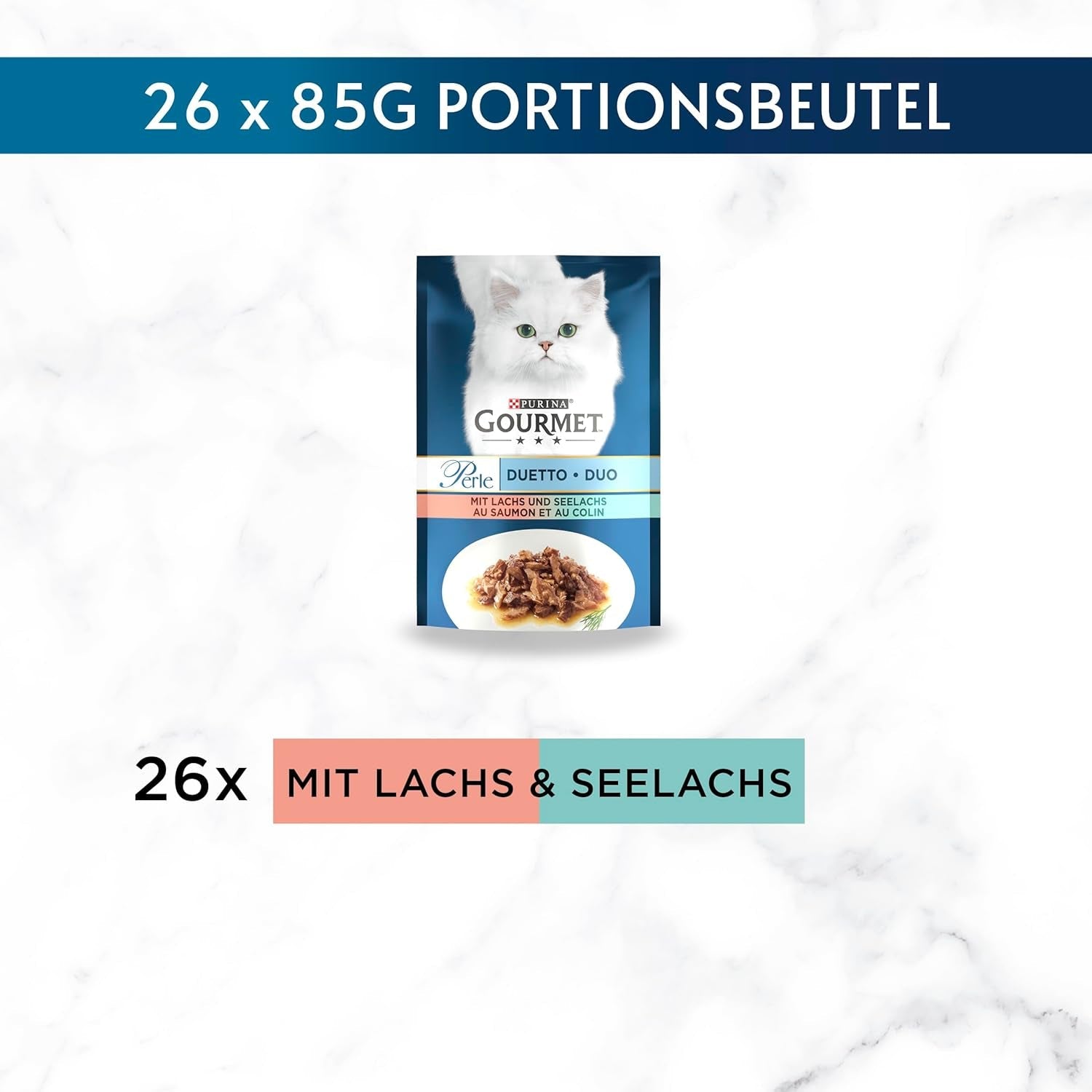 Gourmet Perle Duetto laks og gul torsk våd kattefoder 26 stk. (26 x 85 g)