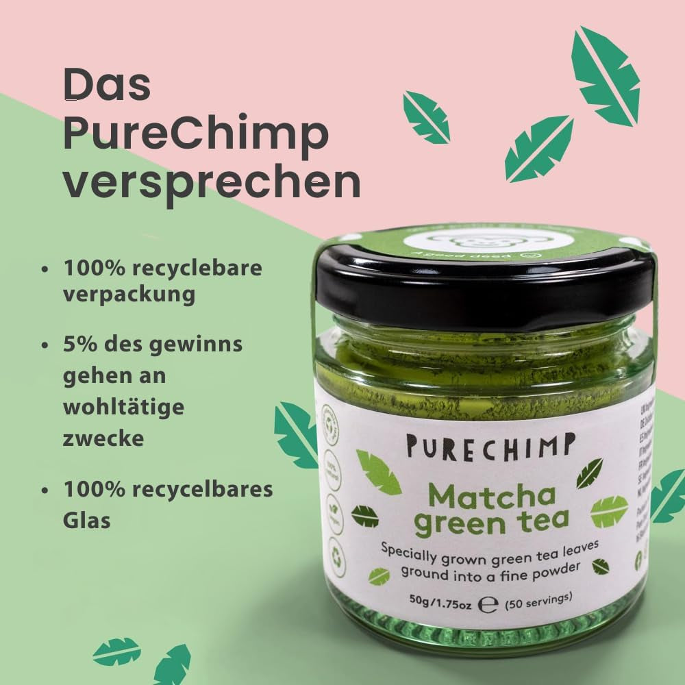 Purechimp Matcha-pulver af ceremoniel kvalitet 50 g. 100% ren skyggedyrket tepulver til lattes, infusioner og opskrifter. Genanvendelig krukke. Rig på antioxidanter.