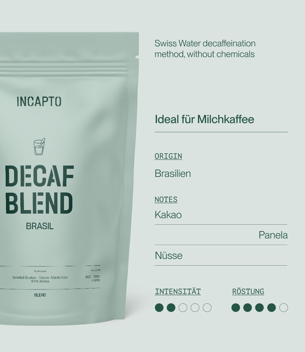Incapto Ganze Entkofeinierte Kaffeebohnen | Ohne Chemikalien | Mischung aus 100% Arabica-Kaffee aus Brasilien | Ungemahlen Espresso Bohnen | Swiss Water Decaf Coffee, Pakke 500g
