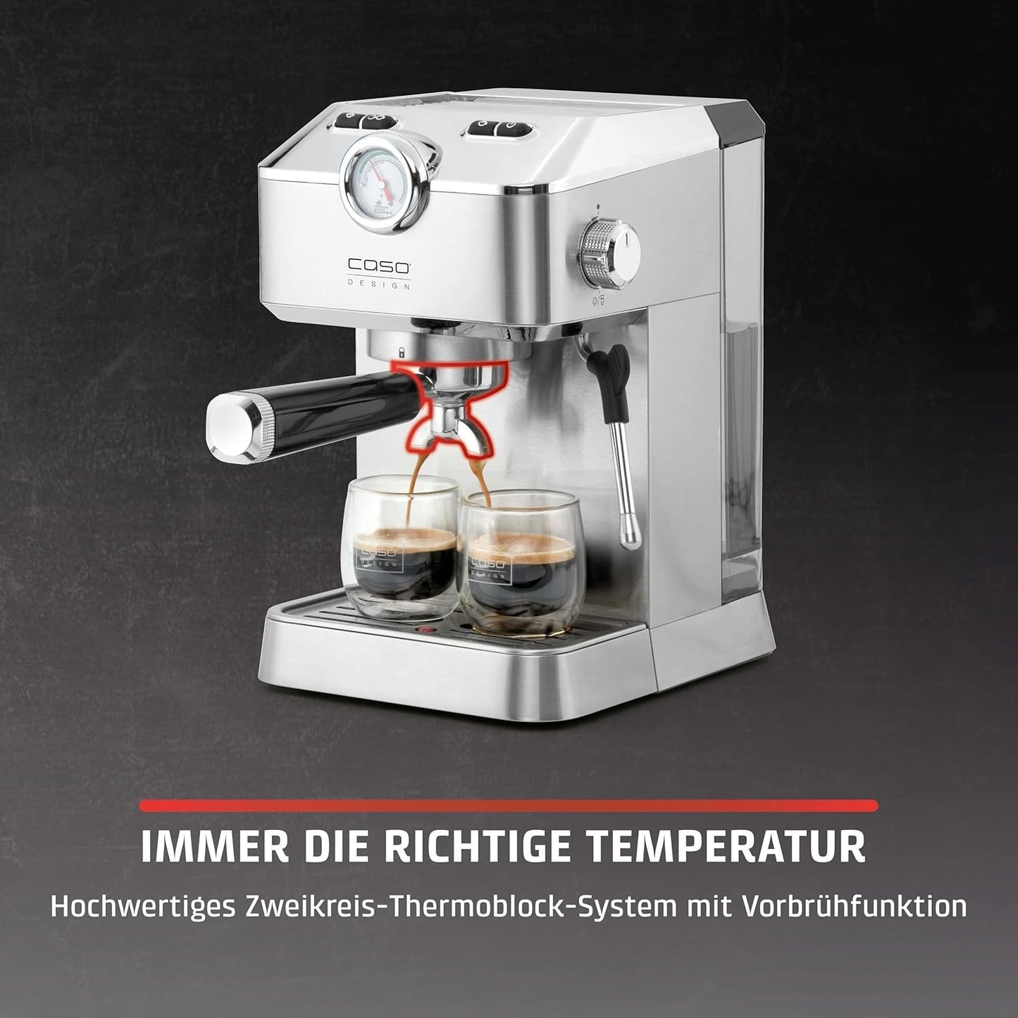 Caso Espresso Gourmet - Portafilter espressomaskine i rustfrit stål, kraftfuld 19 bar Ulka-pumpe, med mælkeskummer, til malet kaffe eller ESE-kaffekapsler, til 2 kopper, med kopvarmer