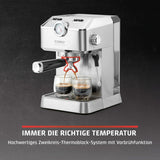 Caso Espresso Gourmet - Portafilter espressomaskine i rustfrit stål, kraftfuld 19 bar Ulka-pumpe, med mælkeskummer, til malet kaffe eller ESE-kaffekapsler, til 2 kopper, med kopvarmer