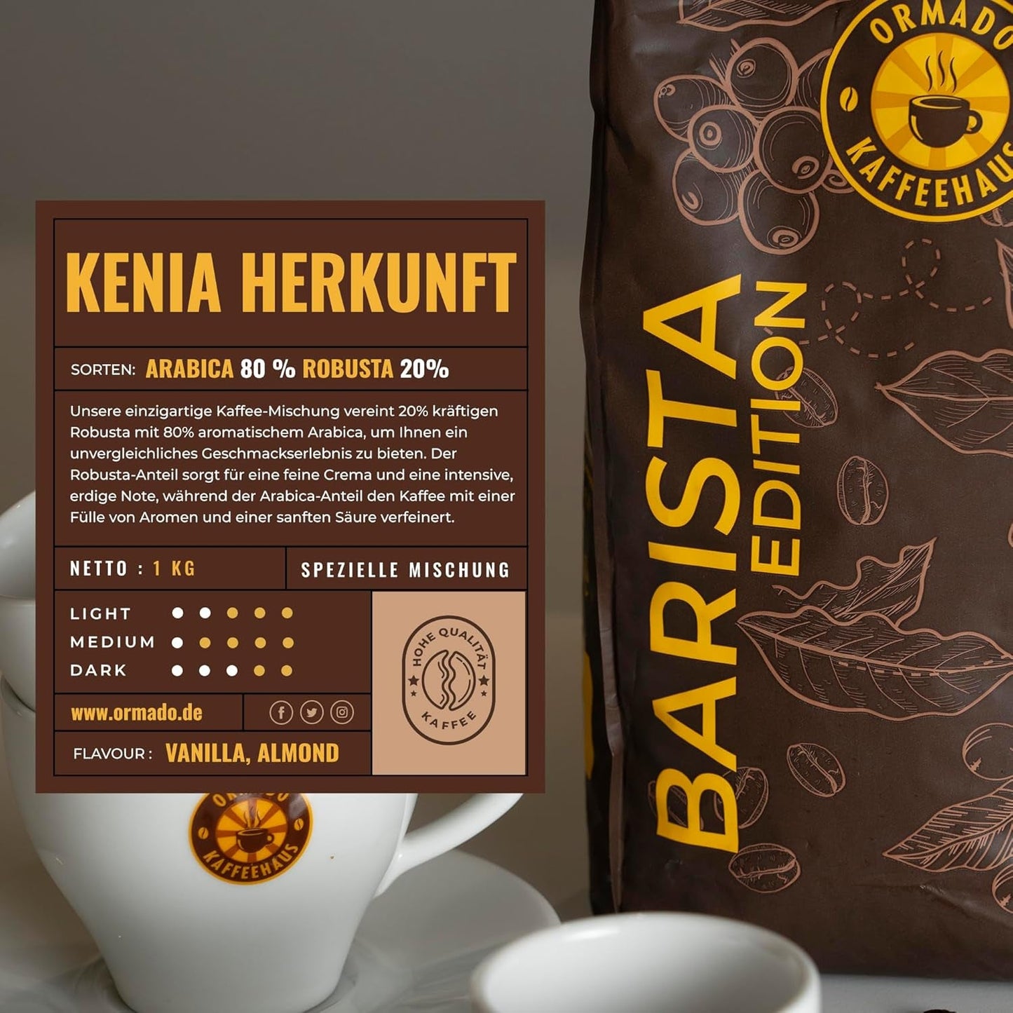 Ormado kaffehus, kaffekapsler, patenterede Kenya-kaffebønner - Arabica og Robusta-blanding, hele kaffebønner til fuldautomatiske kaffemaskiner, ristede bønner, helkaffe 1 kg, fuldautomatisk